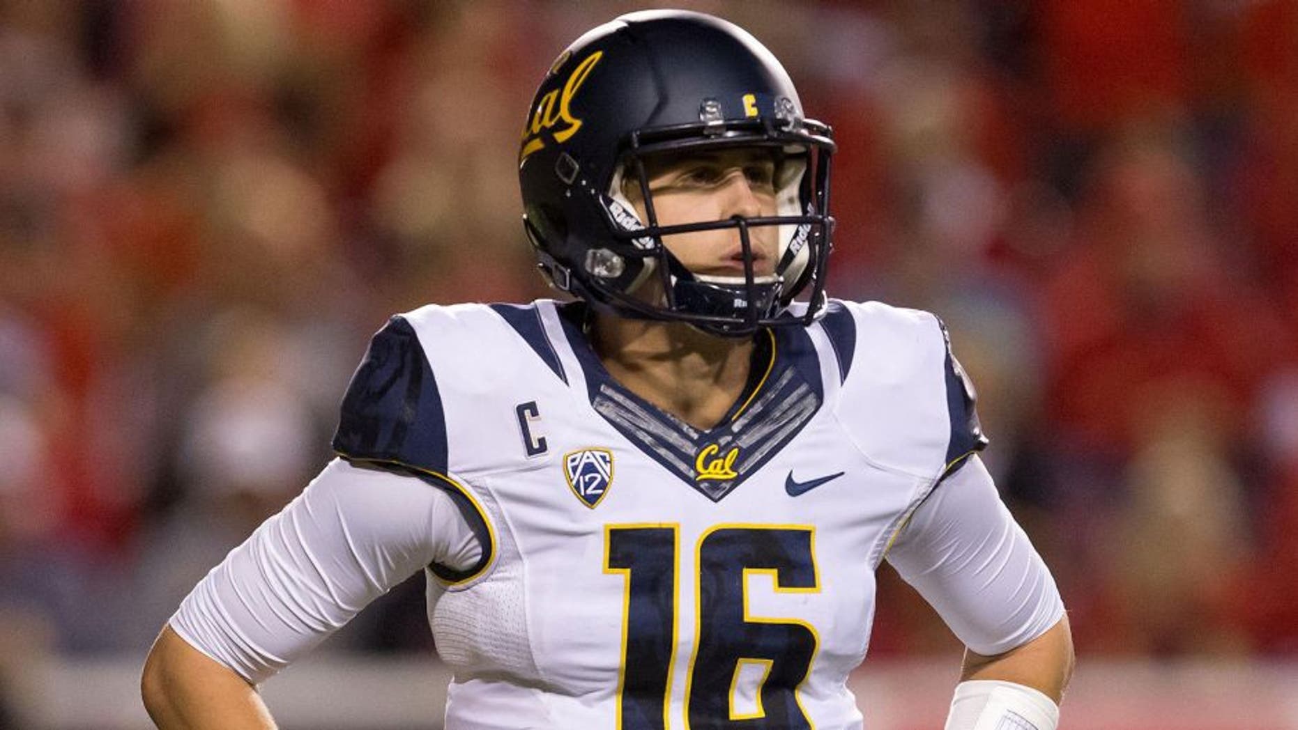 Oct 10, 2015; Salt Lake City, UT, USA; California Golden Bears quarterback Jared Goff (16) looks to the sideline during the second half against the Utah Utes at Rice-Eccles Stadium. Utah won 30-24. Mandatory Credit: Russ Isabella-USA TODAY Sports