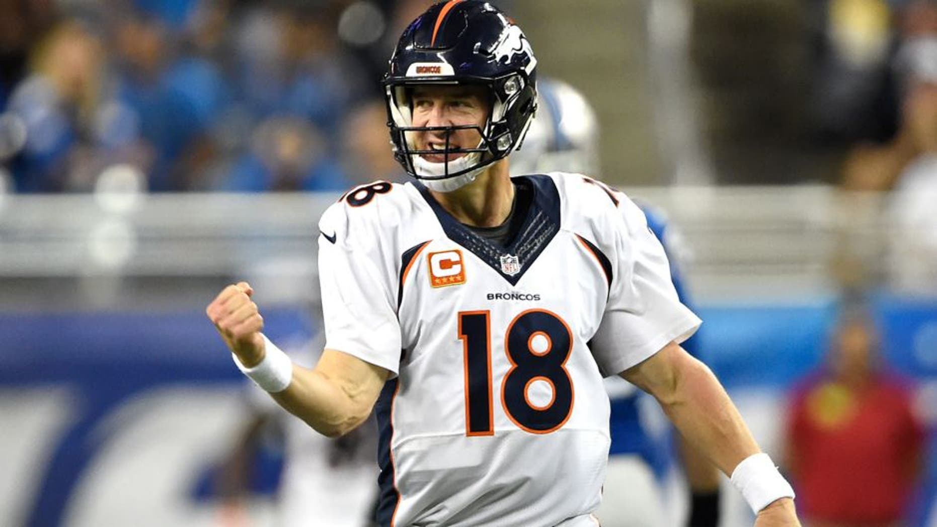 DETROIT, MI - SEPTEMBER 27: Denver Broncos quarterback Peyton Manning #18 celebrates his pass to wide receiver Demaryius Thomas #88 that he will turn into a touchdown at the end of the first half vs the Detroit Lions at Ford Field in Detroit, Mi, September 27, 2015 (Photo By Joe Amon/The Denver Post via Getty Images)