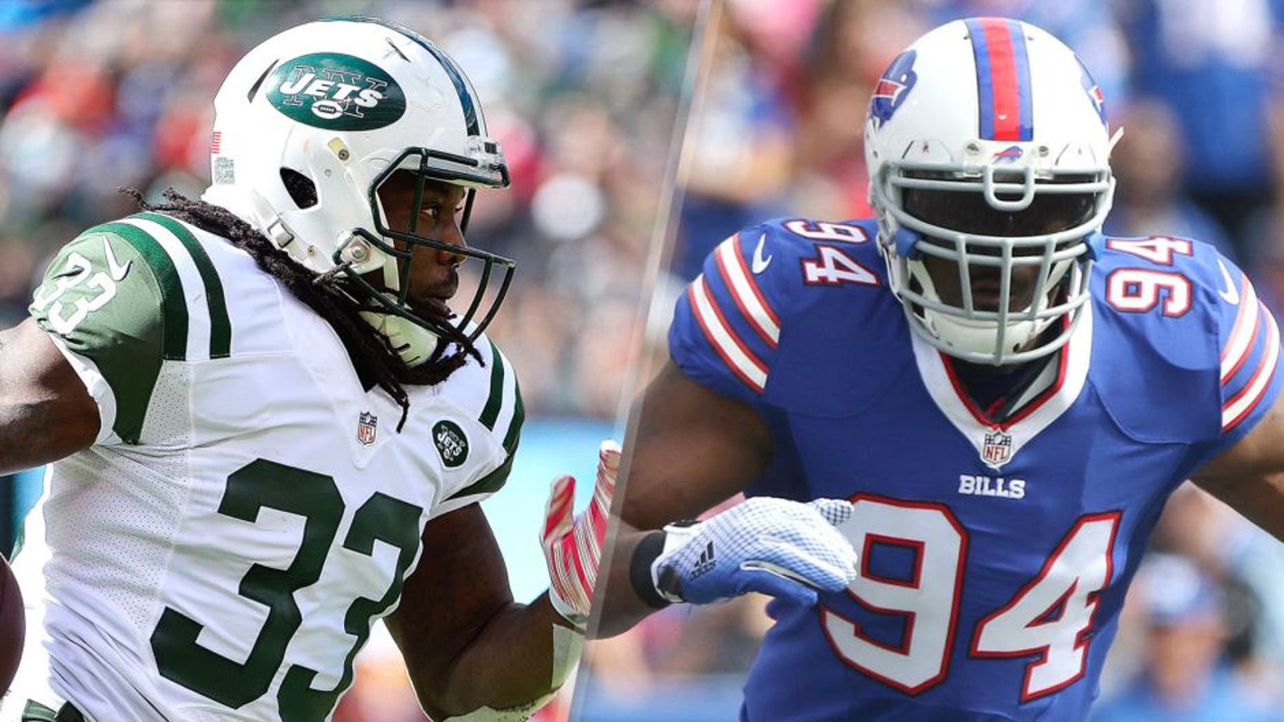 EAST RUTHERFORD, NJ - OCTOBER 18: Chris Ivory #33 of the New York Jets runs the ball during the second quarter against the Washington Redskins at MetLife Stadium on October 18, 2015 in East Rutherford, New Jersey. (Photo by Alex Goodlett/Getty Images) ORCHARD PARK, NY - OCTOBER 04: Mario Williams #94 of the Buffalo Bills rushes the quarterback during the first half against the New York Giants at Ralph Wilson Stadium on October 04, 2015 in Orchard Park, New York. (Photo by Jerome Davis/Getty Images)