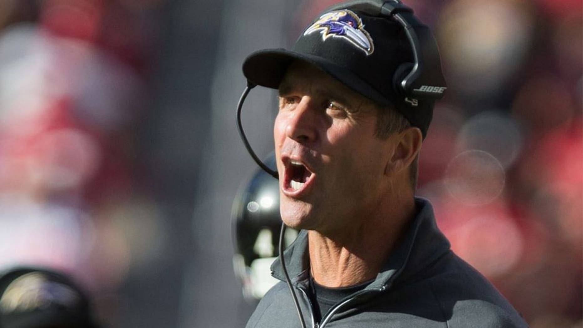 Oct 18, 2015; Santa Clara, CA, USA; Baltimore Ravens head coach John Harbaugh after a San Francisco 49ers touchdown during the fourth quarter at Levi's Stadium. The San Francisco 49ers defeated the Baltimore Ravens 25-20. Mandatory Credit: Kelley L Cox-USA TODAY Sports