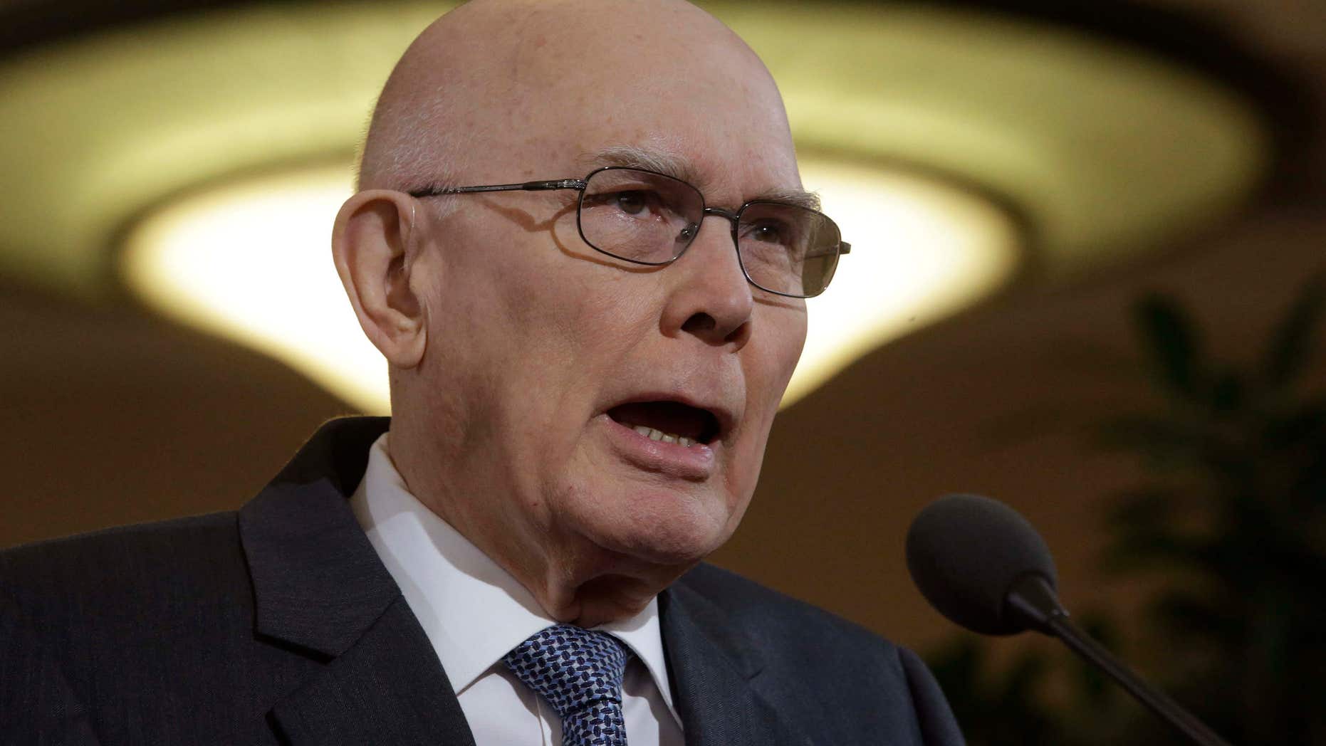 FILE - In this Jan. 27, 2015, file photo, shows Dallin H. Oaks, a member of the Quorum of the Twelve Apostles of the The Church of Jesus Christ of Latter-day Saints, speaking during a news conference at the Conference Center, in Salt Lake City.