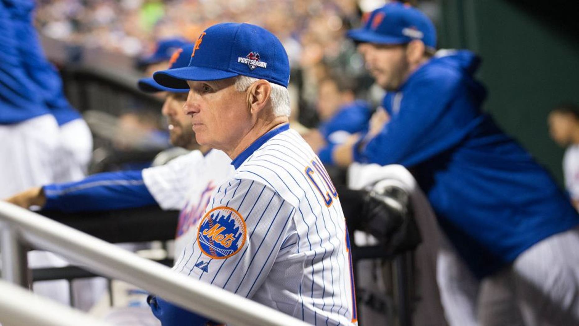 NEW YORK, NY - OCTOBER 13: Terry Collins #10 of the New York Mets looks on from the dugout during Game 4 of the NLDS against the Los Angeles Dodgers at Citi Field on Tuesday, October 13, 2015 in the Queens borough of New York City. (Photo by Rob Tringali/MLB Photos via Getty Images) *** Local Caption)