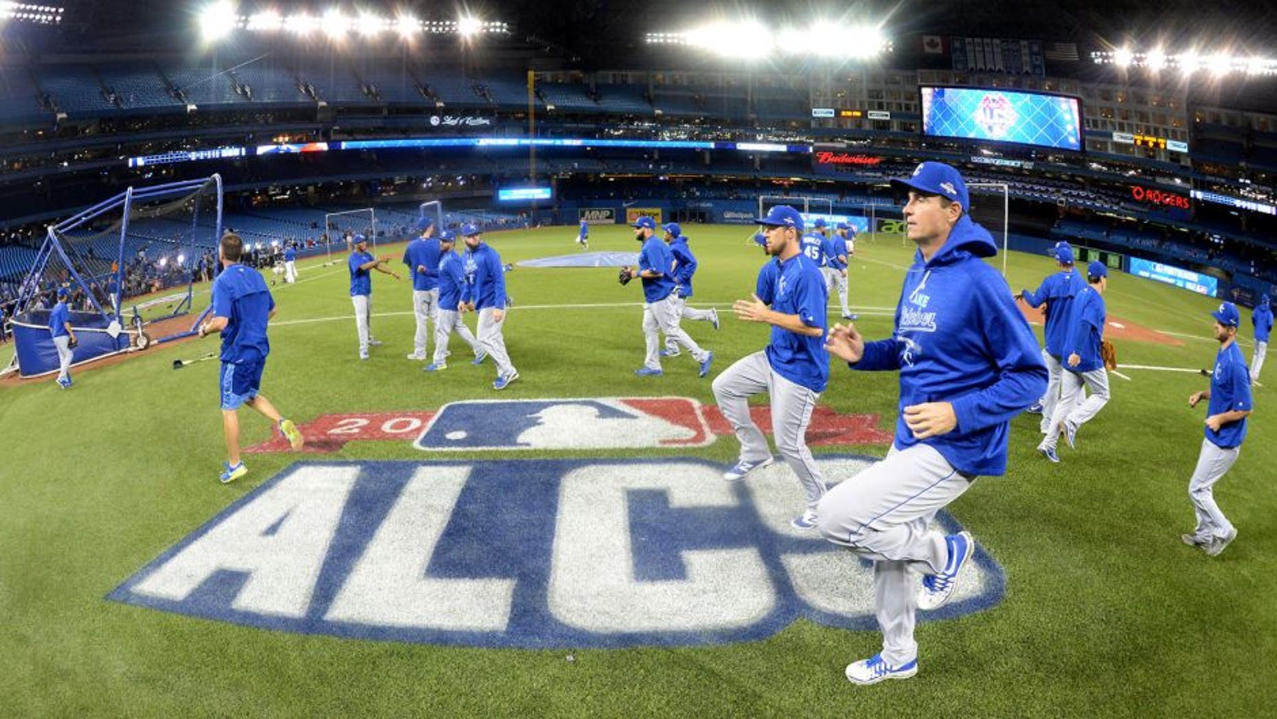 TORONTO, CANADA - OCTOBER 21: Members of the Kansas City Royals loosen up during batting practice before Game 5 of the ALCS against the Toronto Blue Jays at the Rogers Centre on Wednesday, October 21, 2015 in Toronto, Canada. (Photo by Jon Blacker/MLB Photos via Getty Images)