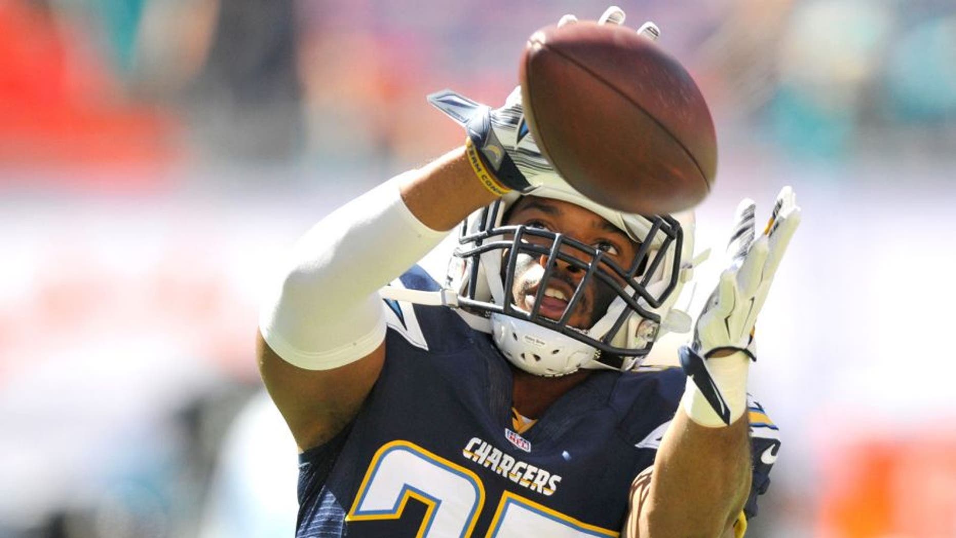 Nov 2, 2014; Miami Gardens, FL, USA; San Diego Chargers safety Adrian Phillips (27) catches the ball prior to the game against the Miami Dolphins at Sun Life Stadium. Mandatory Credit: Brad Barr-USA TODAY Sports