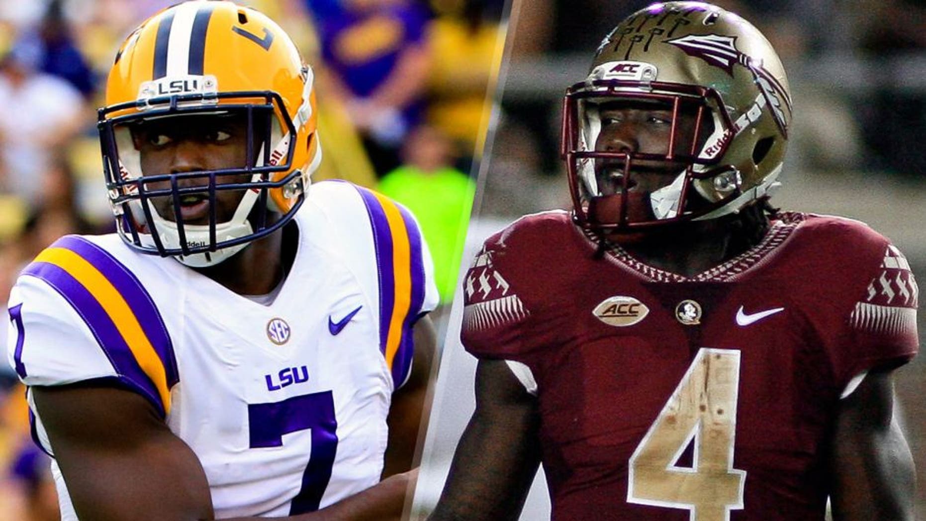 LSU Tigers running back Leonard Fournette (7) warms up before a game against the Florida Gators at Tiger Stadium. LSU defeated Florida 35-28. Mandatory Credit: Derick E. Hingle-USA TODAY Sports Florida State Seminoles running back Dalvin Cook (4) reacts in the second quarter of their game against the Miami Hurricanes at Doak Campbell Stadium. Mandatory Credit: Phil Sears-USA TODAY Sports