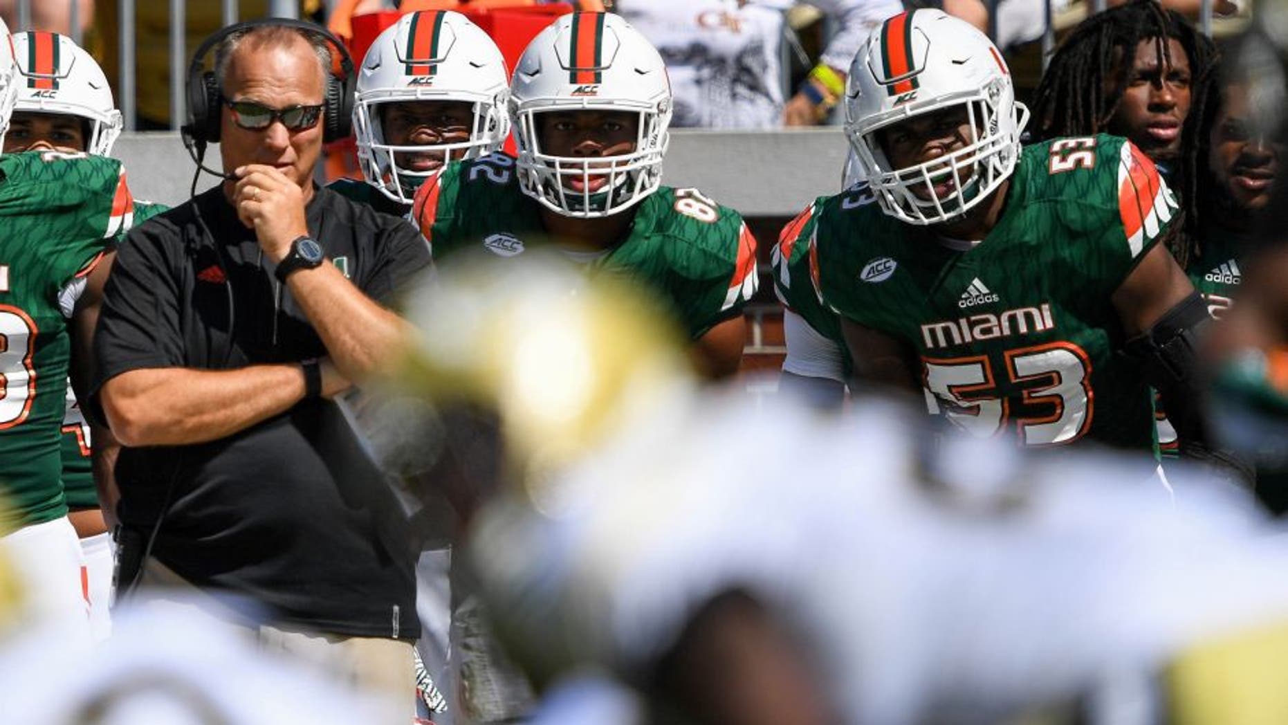 Oct 1, 2016; Atlanta, GA, USA; Miami Hurricanes head coach Mark Richt looks on during the third quarter against the Georgia Tech Yellow Jackets of the game at Bobby Dodd Stadium. Mandatory Credit: Shanna Lockwood-USA TODAY Sports