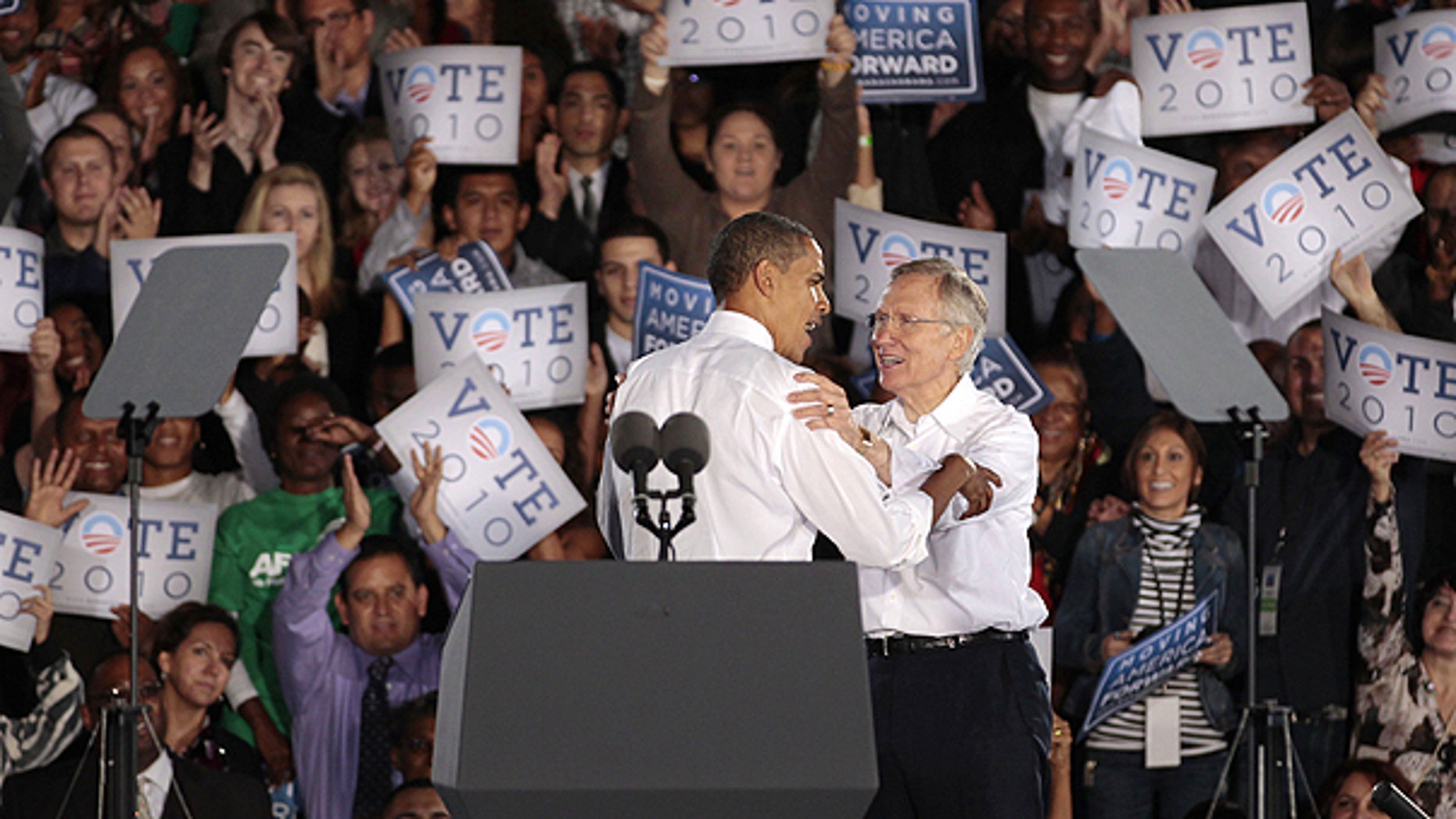 Oct. 22: President Obama, left, greets Nevada Sen. Harry Reid after speaking in support of Reid at a rally in Las Vegas.