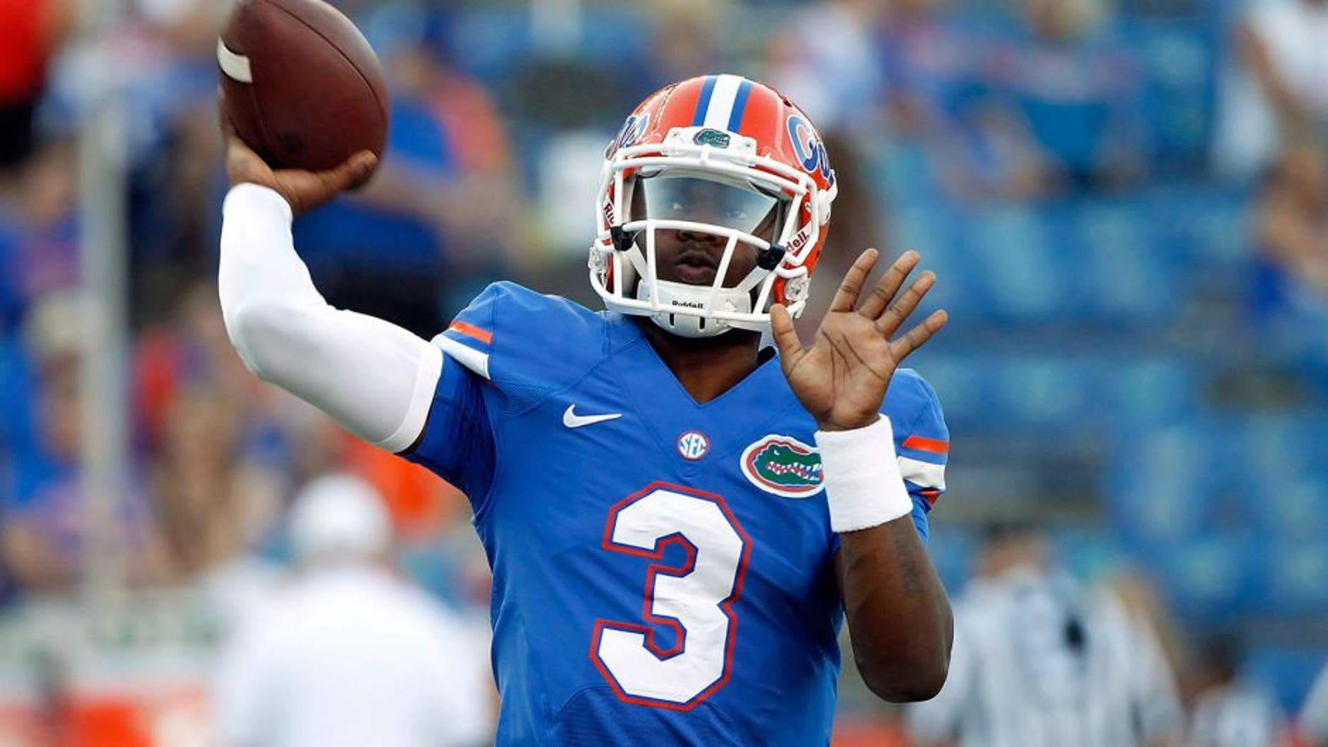 Oct 18, 2014; Gainesville, FL, USA; Florida Gators quarterback Treon Harris (3) works out prior to the game against the Missouri Tigers at Ben Hill Griffin Stadium. Mandatory Credit: Kim Klement-USA TODAY Sports