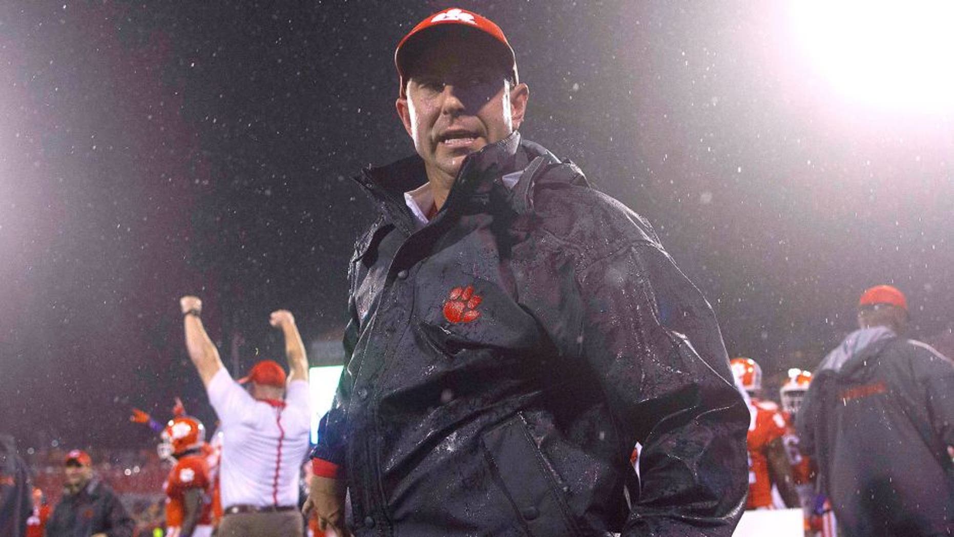Oct 3, 2015; Clemson, SC, USA; Clemson Tigers head coach Dabo Swinney after the Tigers won 24-22 against the Notre Dame Fighting Irish at Clemson Memorial Stadium. Mandatory Credit: Joshua S. Kelly-USA TODAY Sports