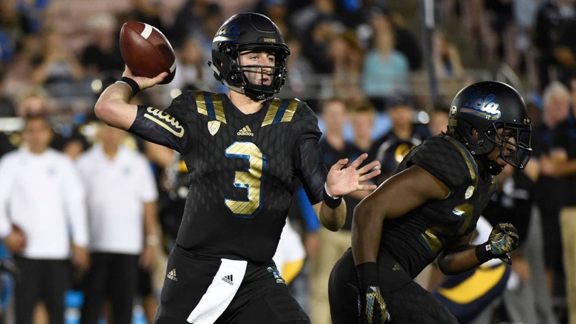 Oct 22, 2015; Pasadena, CA, USA; UCLA Bruins quarterback Josh Rosen (3) passes against the California Golden Bears during the first quarter at Rose Bowl. Mandatory Credit: Richard Mackson-USA TODAY Sports