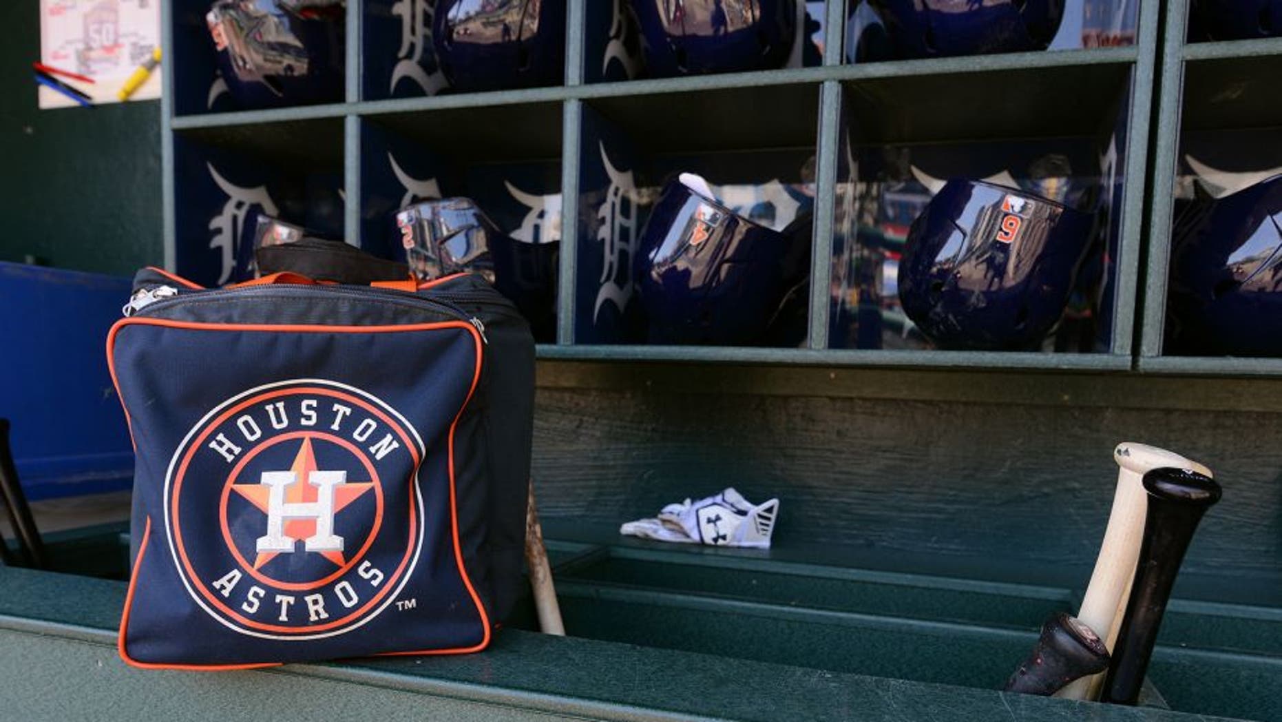 DETROIT, MI - MAY 23: A detailed view of a Houston Astros equipment bag and batting helmets in the dugout prior to the game against the Detroit Tigers at Comerica Park on May 23, 2015 in Detroit, Michigan. The Astros defeated the Tigers 3-2. (Photo by Mark Cunningham/MLB Photos via Getty Images)