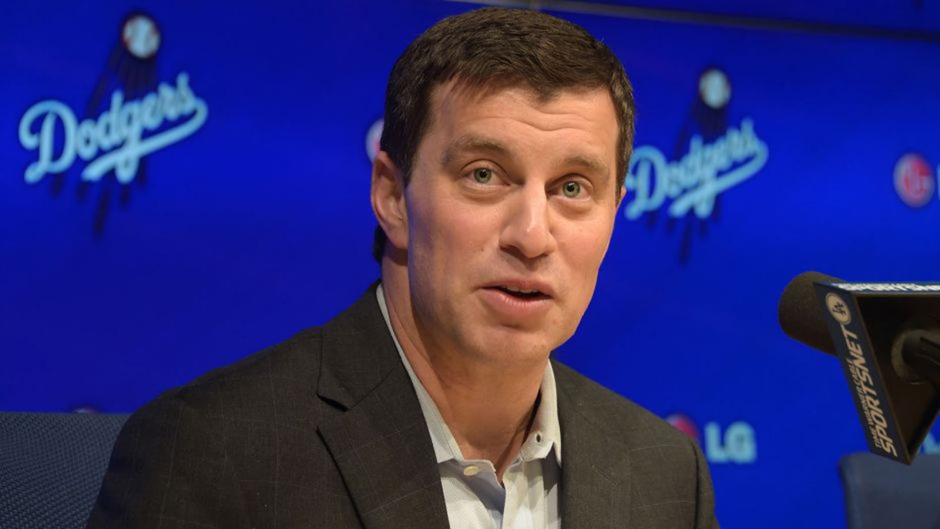 Oct 17, 2014; Los Angeles, CA, USA; Andrew Friedman is introduced as Los Angeles Dodgers president of baseball operations at press conference at Dodger Stadium. Mandatory Credit: Kirby Lee-USA TODAY Sports