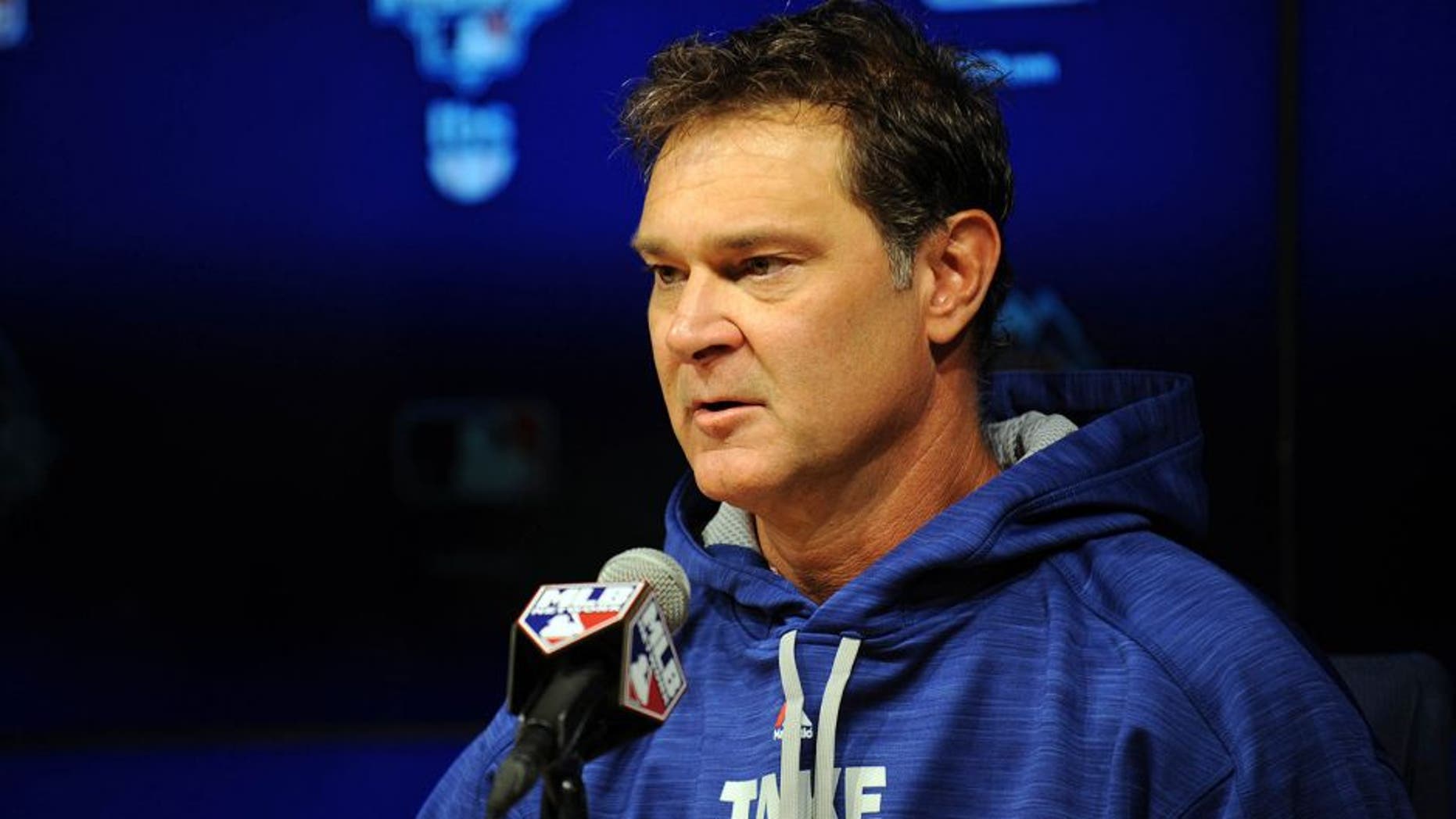 October 8, 2015; Los Angeles, CA, USA; Los Angeles Dodgers manager Don Mattingly speaks with media following workouts before game one of the NLDS at Dodger Stadium. Mandatory Credit: Gary A. Vasquez-USA TODAY Sports