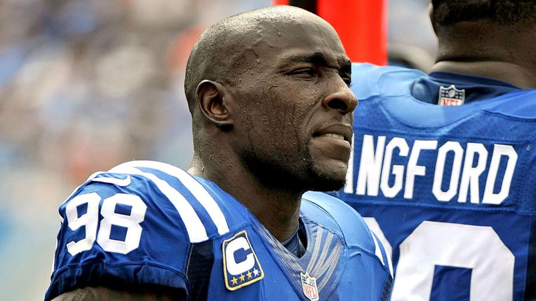 NASHVILLE, TN - SEPTEMBER 27: Robert Mathis #98 of the Indianapolis Colts watches from the sideline during a game against the Tennessee Titans at Nissan Stadium on September 27, 2015 in Nashville, Tennessee. (Photo by Frederick Breedon/Getty Images)