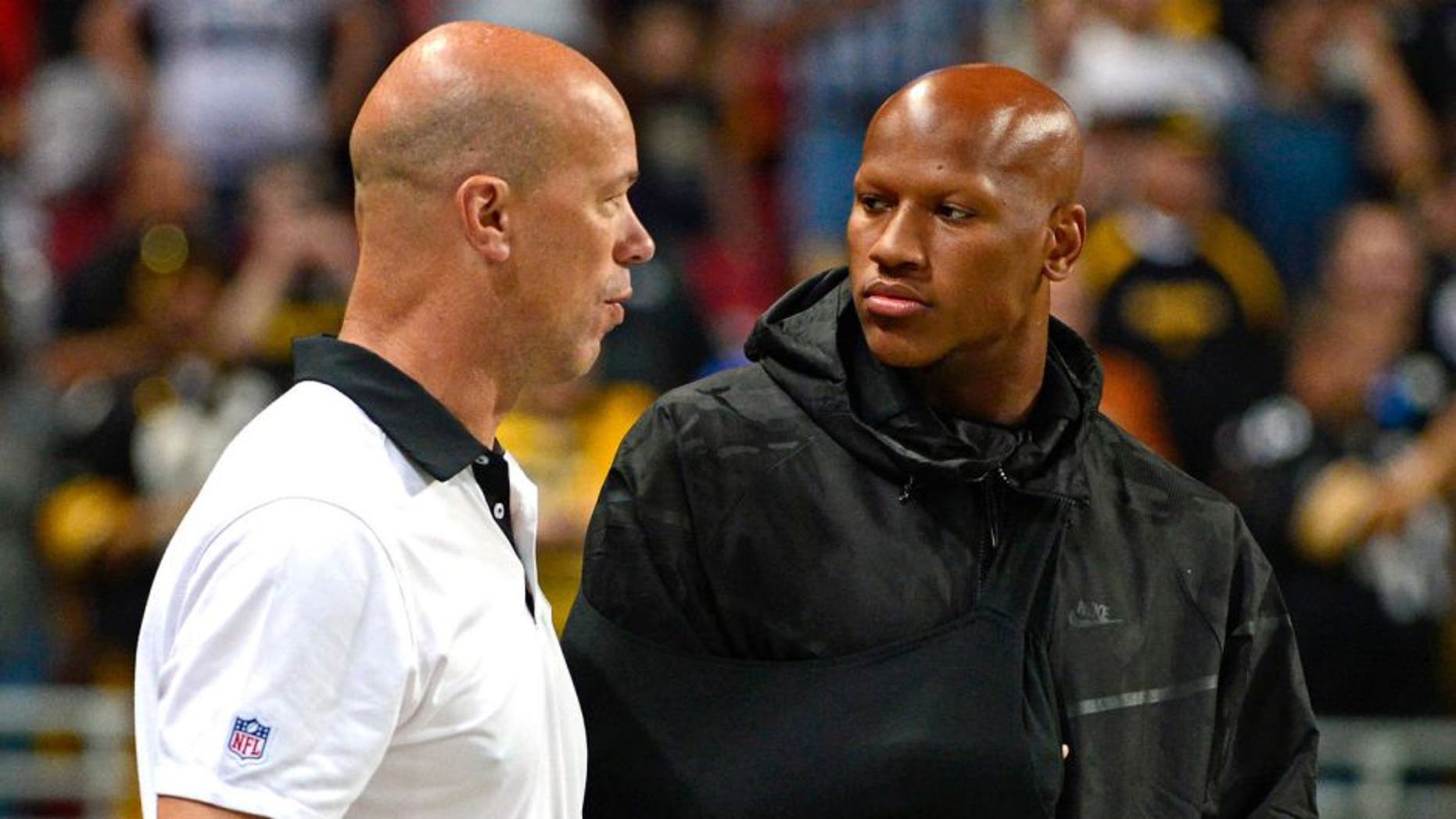 Sep 27, 2015; St. Louis, MO, USA; Pittsburgh Steelers inside linebacker Ryan Shazier (50) talks with a staff member before a game against the St. Louis Rams at the Edward Jones Dome. Steelers defeated the Rams 12-6. Mandatory Credit: Jeff Curry-USA TODAY Sports