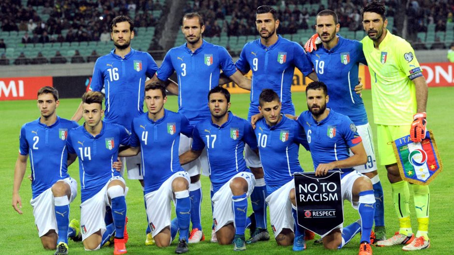 Italy's national team players (top, from left to right) Marco Parolo, Giorgio Chiellini, Graziano Pelle, Leonardo Bonucci, Gianluigi Buffon and (lower, from left to right) Mattia De Sciglio, Stephan El Shaarawy, Matteo Darmian, Eder, Marco Verratti, Antonio Candreva pose before qualifying football match (group H) Euro 2016 against Azerbaijan on October 10, 2015 at the Baku Olympia stadium in Baku. AFP PHOTO / VANO SHLAMOV (Photo credit should read VANO SHLAMOV/AFP/Getty Images)