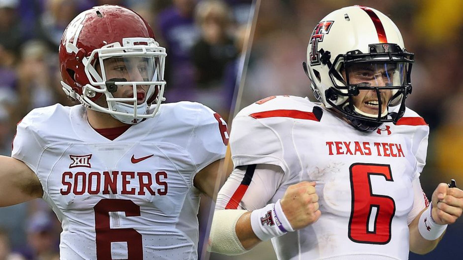 Quarterback Baker Mayfield #6 of the Oklahoma Sooners passes the ball against the Kansas State Wildcats during the first half on October 17, 2015 at Bill Snyder Family Stadium in Manhattan, Kansas. (Photo by Peter G. Aiken/Getty Images) Baker Mayfield #6 of the Texas Tech Red Raiders celebrates his second touchdown pass against the Baylor Bears at AT&T Stadium on November 16, 2013 in Arlington, Texas. (Photo by Ronald Martinez/Getty Images)