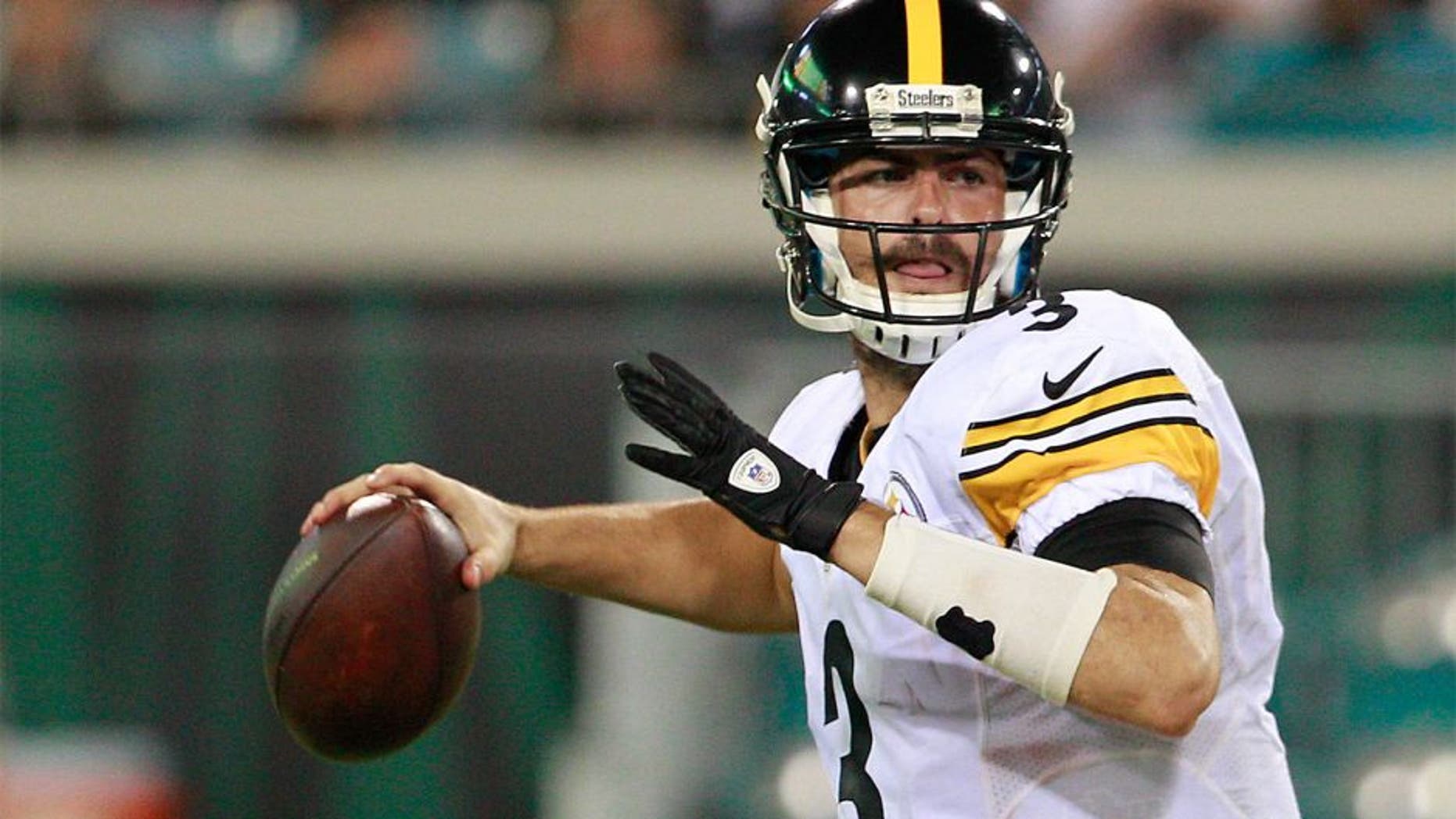 Aug 14, 2015; Jacksonville, FL, USA; Pittsburgh Steelers quarterback Landry Jones (3) drops to throw during the second half of a preseason NFL football game against the Jacksonville Jaguars at EverBank Field. The Jaguars won 23-21. Mandatory Credit: Reinhold Matay-USA TODAY Sports