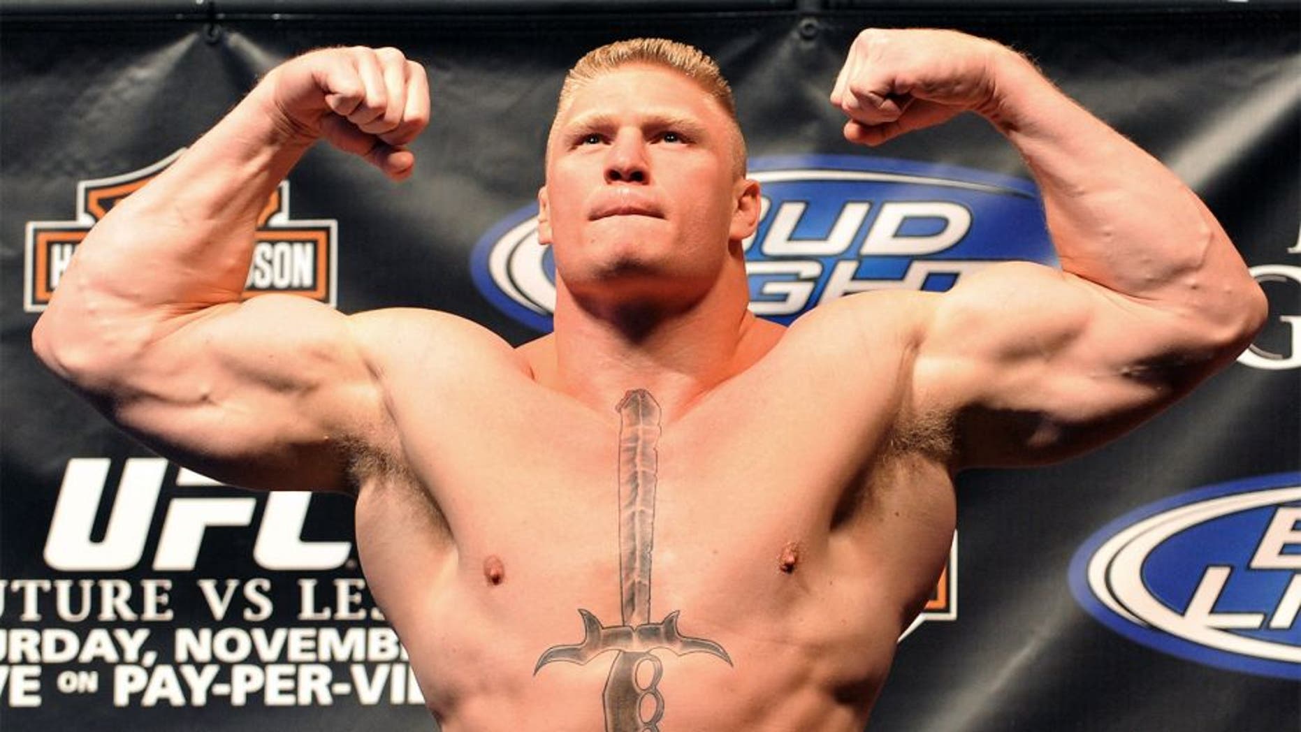 LAS VEGAS - NOVEMBER 14: Brock Lesnar attends the weigh-in for UFC 91: Couture vs. Lesnar at the MGM Grand Hotel on November 14, 2008 in Las Vegas, Nevada. (Photo by Jon Kopaloff/Getty Images) *** Local Caption *** Brock Lesnar