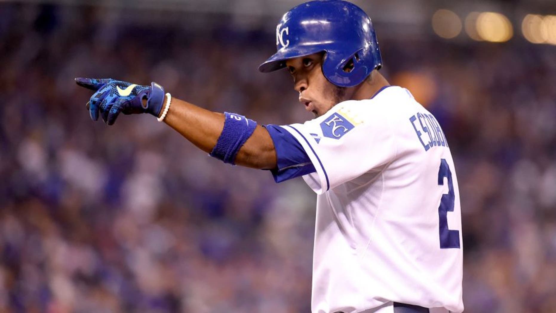 KANSAS CITY, MO - OCTOBER 23: Alcides Escobar #2 of the Kansas City Royals reacts during Game 6 of the ALCS against the Toronto Blue Jays at Kauffman Stadium on Friday, October 23, 2015 in Kansas City Missouri. (Photo by LG Patterson/MLB Photos via Getty Images)