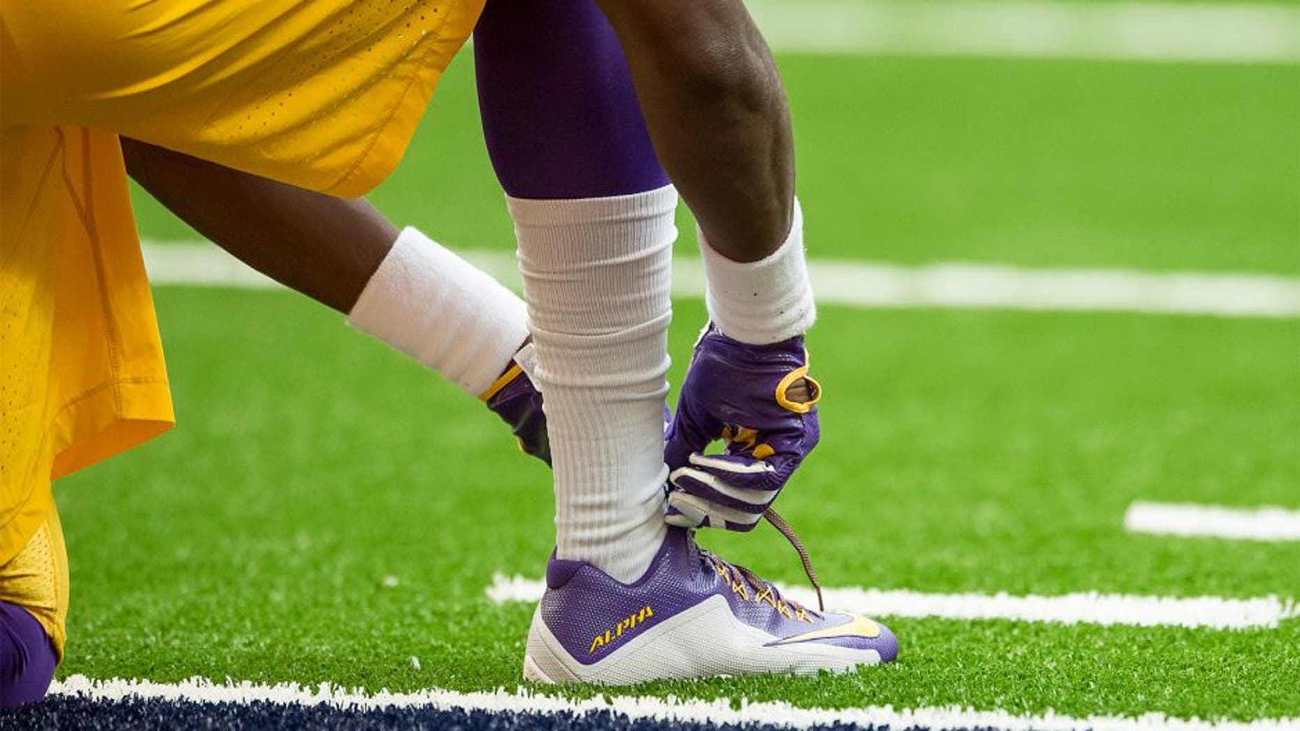 SYRACUSE, NY - SEPTEMBER 26: Nike football cleats worn by LSU Tigers before the game against the Syracuse Orange on September 26, 2015 at The Carrier Dome in Syracuse, New York. LSU defeats Syracuse 34-24. (Photo by Brett Carlsen/Getty Images)