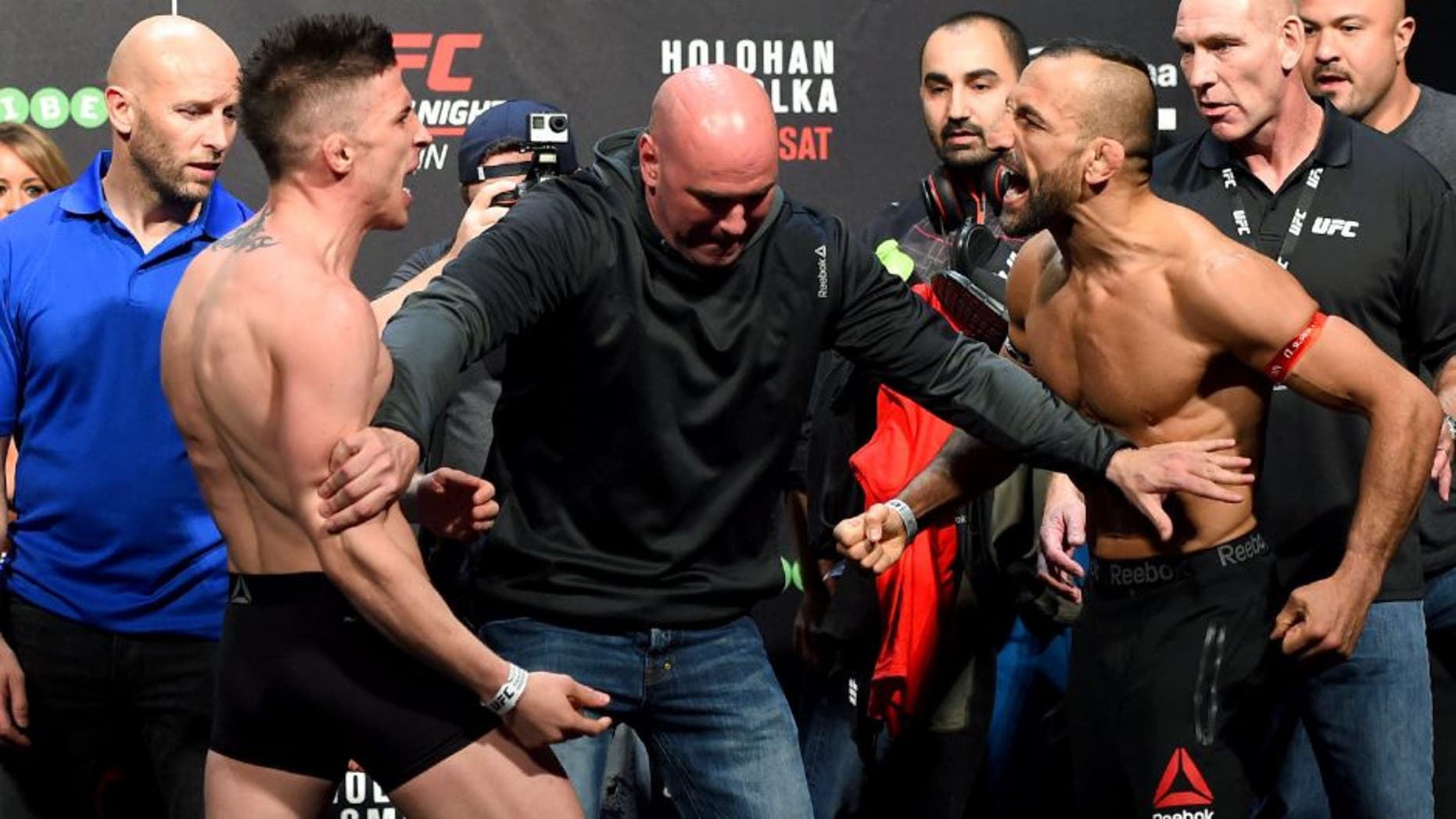 DUBLIN, IRELAND - OCTOBER 23: (L-R) Opponents Norman Parke of Northern Ireland and Reza Madadi of Sweden face off during the UFC weigh-in at 3Arena on October 23, 2015 in Dublin, Ireland. (Photo by Josh Hedges/Zuffa LLC/Zuffa LLC via Getty Images)