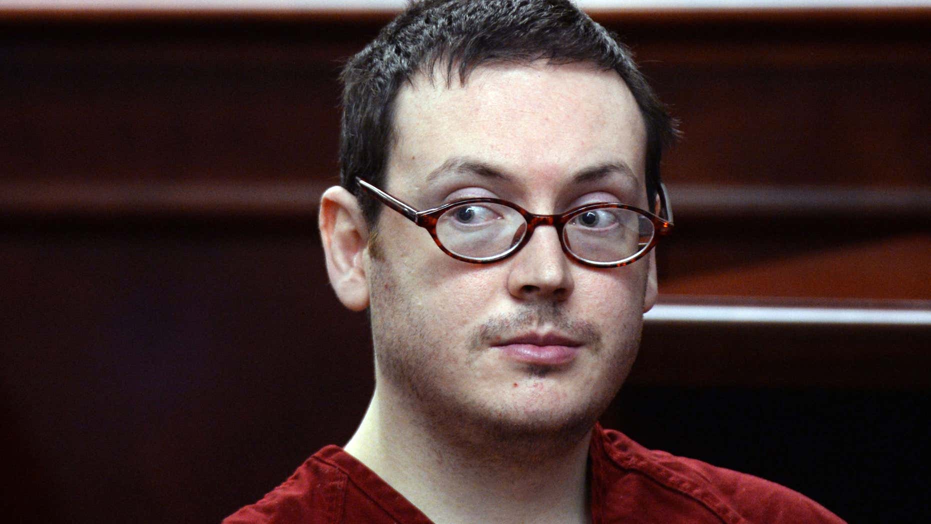 FILE - This Aug. 24, 2015, file photo James Holmes appears in court for the sentencing phase in his trial at Arapahoe County District Court in Centennial, Colo.