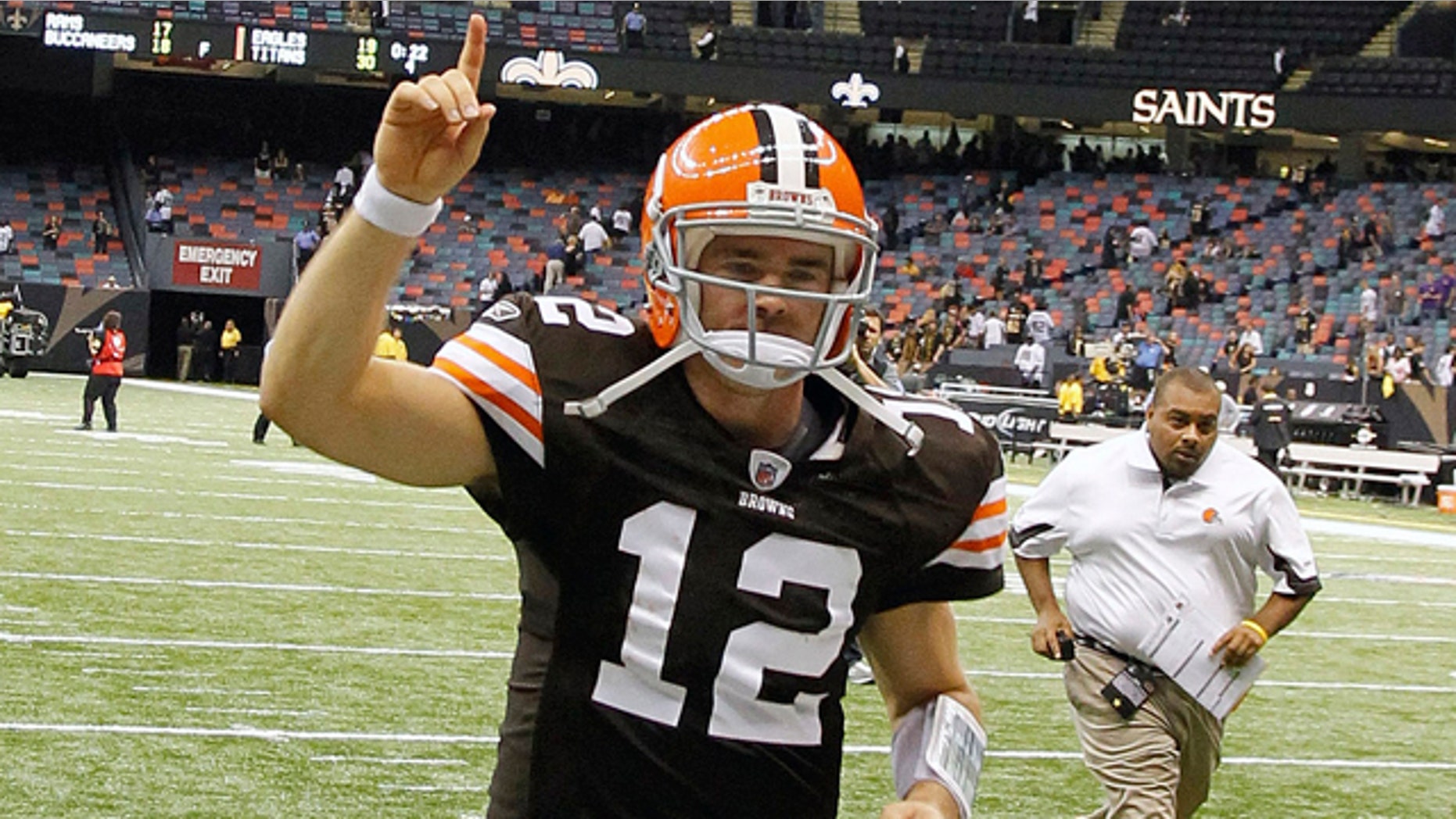 Oct. 24: Cleveland Browns quarterback Colt McCoy (12) runs off the field after his NFL football game against the New Orleans Saints at the Louisiana Superdome in New Orleans.