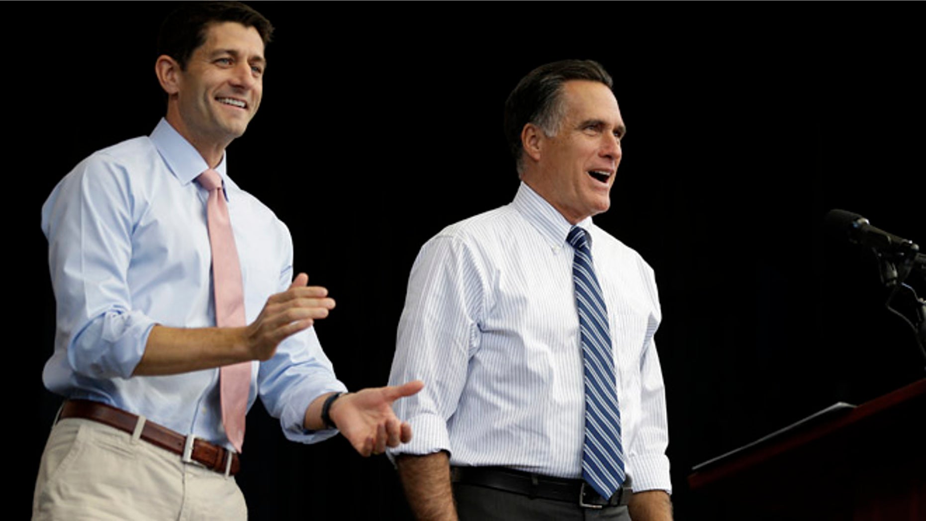 Oct. 23, 2012: Republican presidential candidate Mitt Romney, right, and his vice presidential running mate Paul Ryan in Henderson, Nev.
