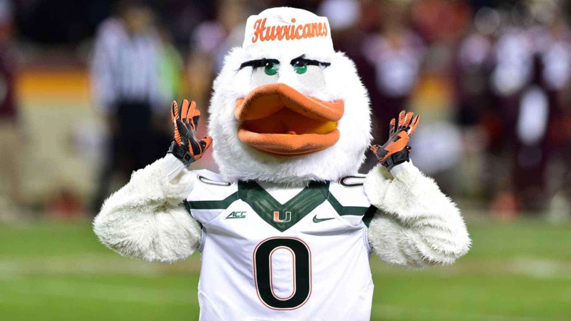 Oct 23, 2014; Blacksburg, VA, USA; Miami Hurricanes mascot on the field in the second quarter at Lane Stadium. Mandatory Credit: Bob Donnan-USA TODAY Sports