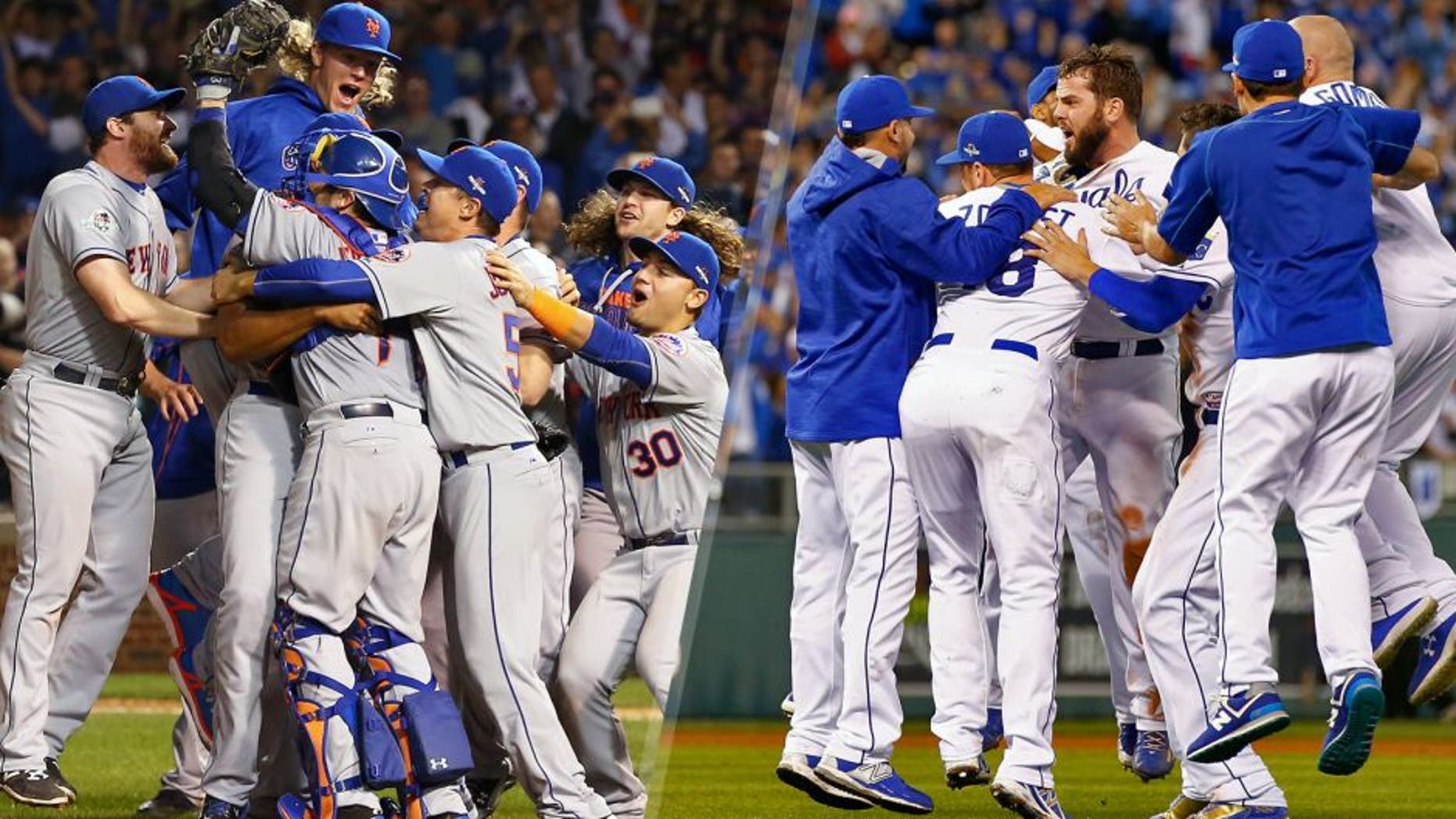 CHICAGO, IL - OCTOBER 21: The New York Mets celebrate an 8-3 victory in Game 4 of the NLCS against the Chicago Cubs at Wrigley Field on Wednesday, October 21, 2015 in Chicago, Illinois. (Photo by Alex Trautwig/MLB Photos via Getty Images) KANSAS CITY, MO - OCTOBER 23: The Kansas City Royals celebrate the 4-3 victory against the Toronto Blue Jays in game six of the 2015 MLB American League Championship Series at Kauffman Stadium on October 23, 2015 in Kansas City, Missouri. (Photo by Jamie Squire/Getty Images)