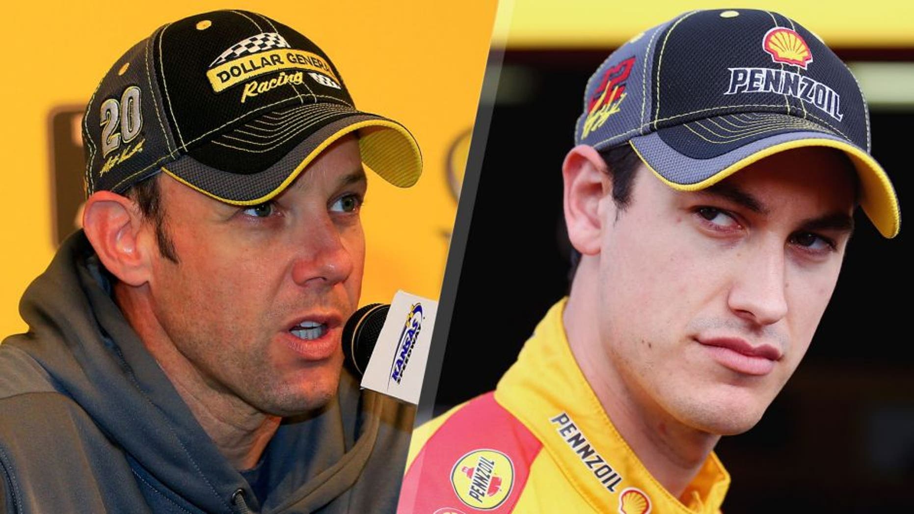 L- KANSAS CITY, KS - OCTOBER 16: Matt Kenseth, driver of the #20 Dollar General Toyota, speaks to the media during a press conference prior to practice for the NASCAR Sprint Cup Series Hollywood Casino 400 at Kansas Speedway on October 16, 2015 in Kansas City, Kansas. (Photo by Chris Trotman/NASCAR via Getty Images) R- TALLADEGA, AL - OCTOBER 23: Joey Logano, driver of the #22 Shell Pennzoil Ford, stands in the garage area during practice for the NASCAR Sprint Cup Series CampingWorld.com 500 at Talladega Superspeedway on October 23, 2015 in Talladega, Alabama. (Photo by Tom Pennington/Getty Images)