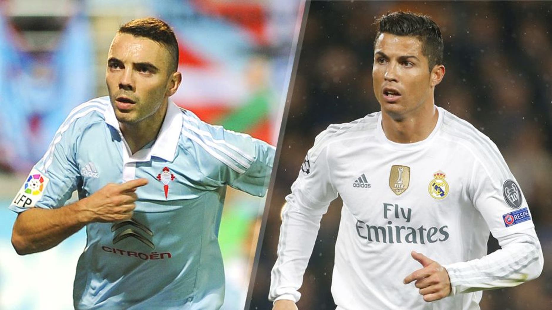 L - Celta Vigo's forward Iago Aspas celebrates a goal during the Spanish league football match SD Eibar vs Celta Vigo at the Ipurua Municipal Stadium in Eibar September 26, 2015. AFP PHOTO / ANDER GILLENEA (Photo credit should read ANDER GILLENEA/AFP/Getty Images) R- PARIS, FRANCE - OCTOBER 21: Cristiano Ronaldo of Real Madrid looks on during the UEFA Champions League match between Paris Saint-Germain (PSG) and Real Madrid at Parc des Princes stadium on October 21, 2015 in Paris, France. (Photo by Jean Catuffe/Getty Images)