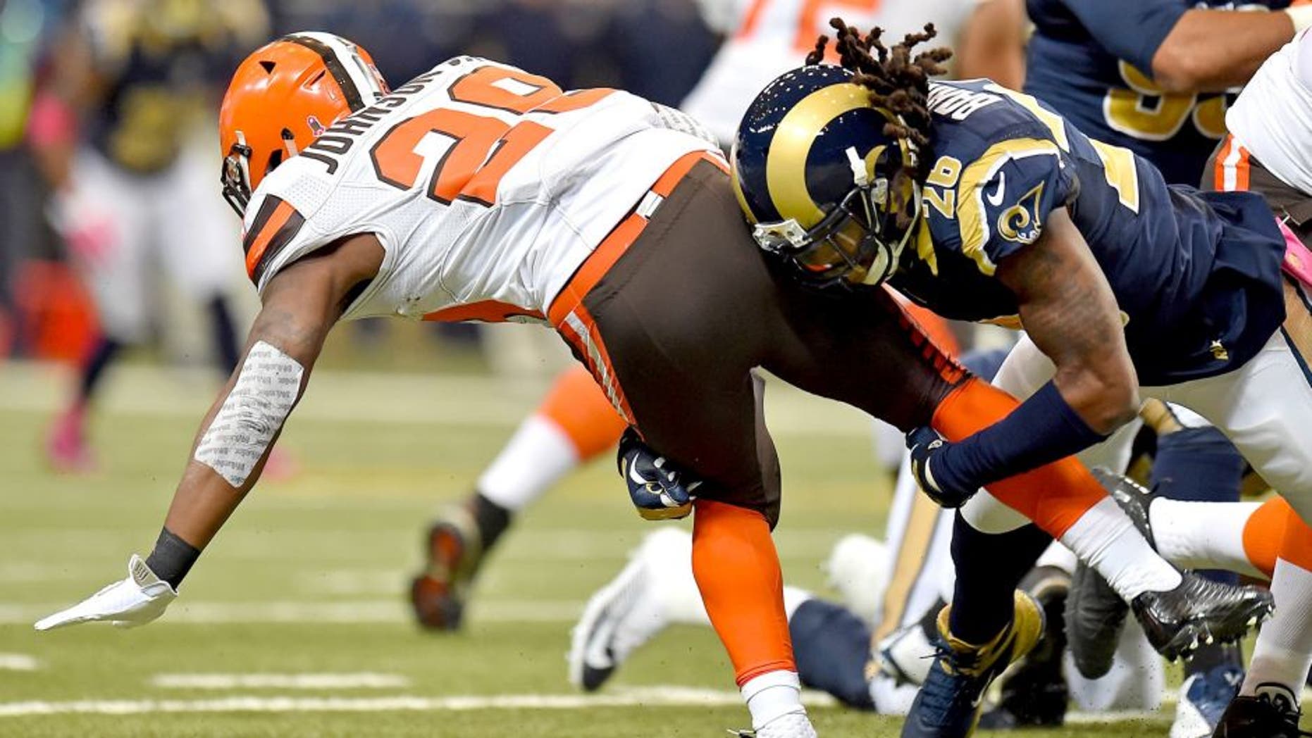 Oct 25, 2015; St. Louis, MO, USA; St. Louis Rams strong safety Mark Barron (26) tackles Cleveland Browns running back Duke Johnson (29) during the first half at the Edward Jones Dome. Mandatory Credit: Jasen Vinlove-USA TODAY Sports