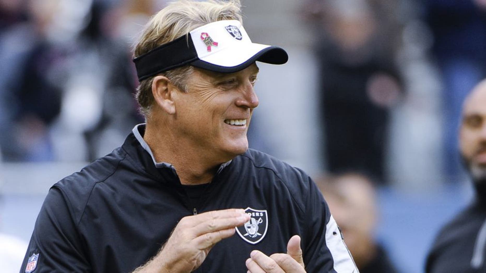 Oct 4, 2015; Chicago, IL, USA; Oakland Raiders head coach Jack Del Rio claps before the game against the Chicago Bears at Soldier Field. Mandatory Credit: Matt Marton-USA TODAY Sports