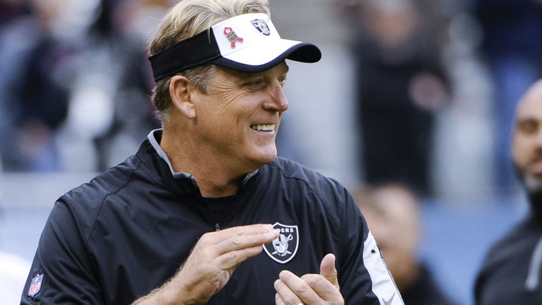 Oct 4, 2015; Chicago, IL, USA; Oakland Raiders head coach Jack Del Rio claps before the game against the Chicago Bears at Soldier Field. Mandatory Credit: Matt Marton-USA TODAY Sports