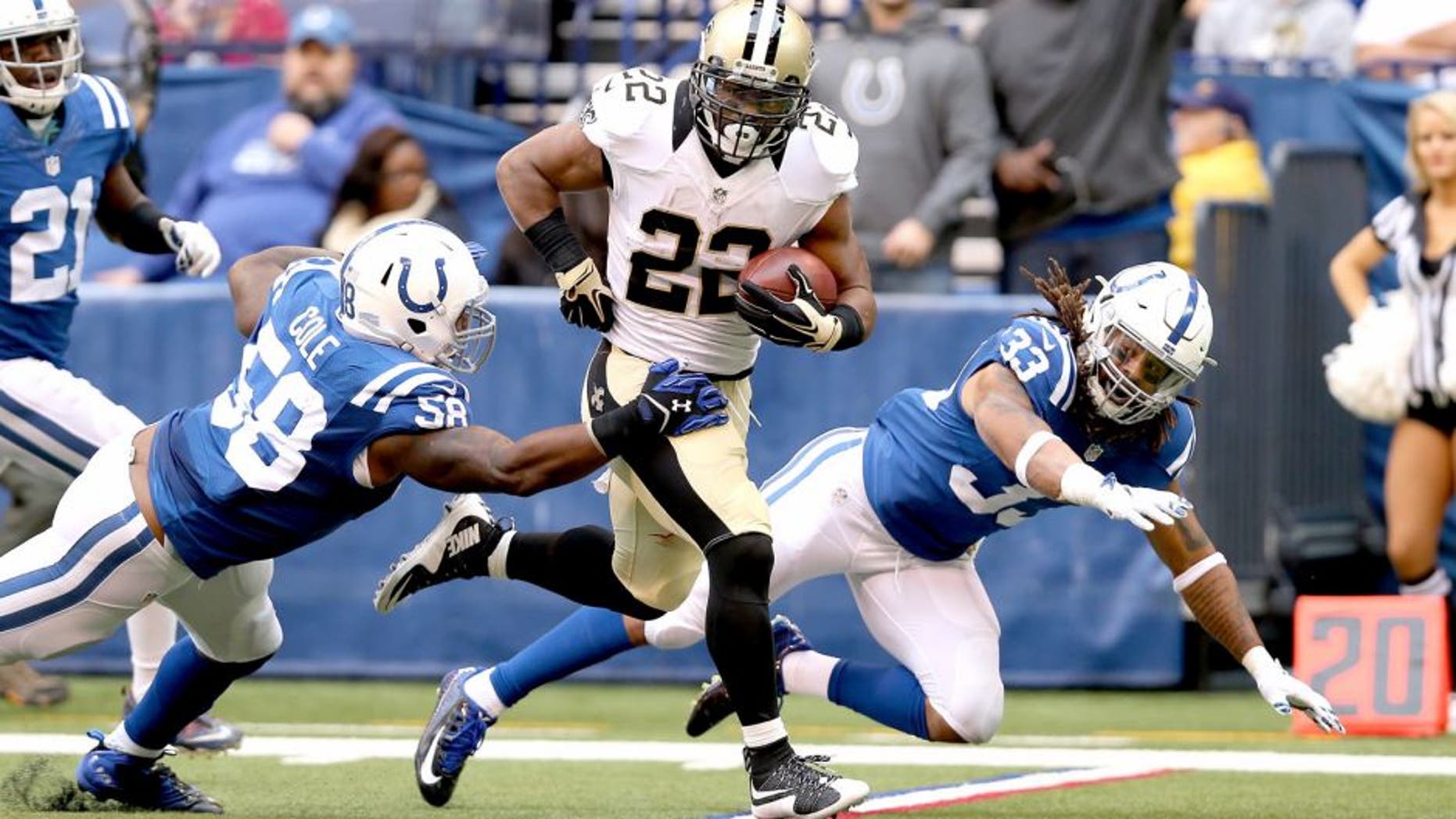 INDIANAPOLIS, IN - OCTOBER 25: Mark Ingram #22 of the New Orleans Saints runs with the ball against the Indianapolis Colts at Lucas Oil Stadium on October 25, 2015 in Indianapolis, Indiana. (Photo by Andy Lyons/Getty Images)
