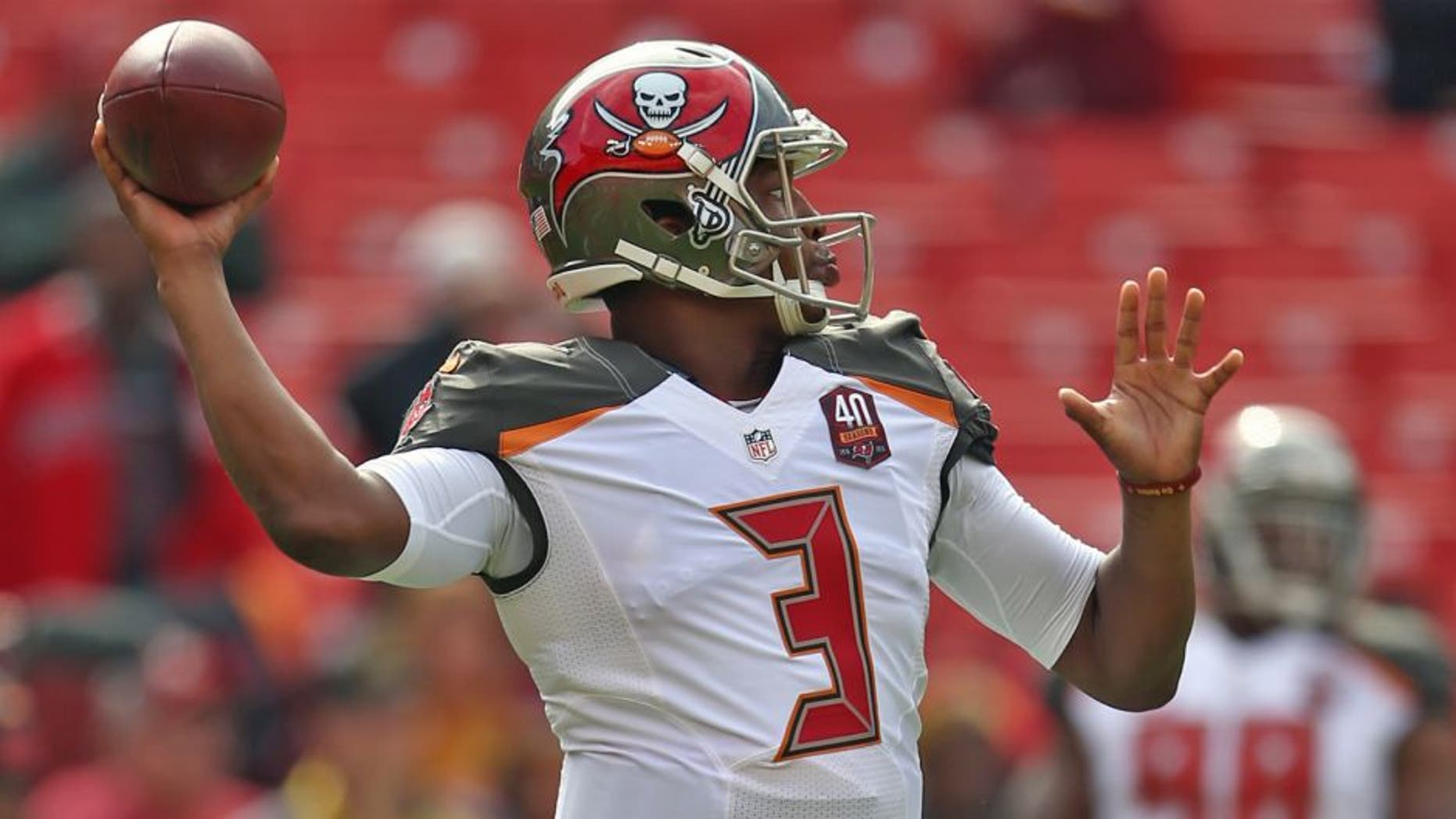 LANDOVER, MD - OCTOBER 25: Quarterback Jameis Winston #3 of the Tampa Bay Buccaneers warms up prior to the start of a game against the Washington Redskins at FedExField on October 25, 2015 in Landover, Maryland. (Photo by Matt Hazlett/Getty Images)