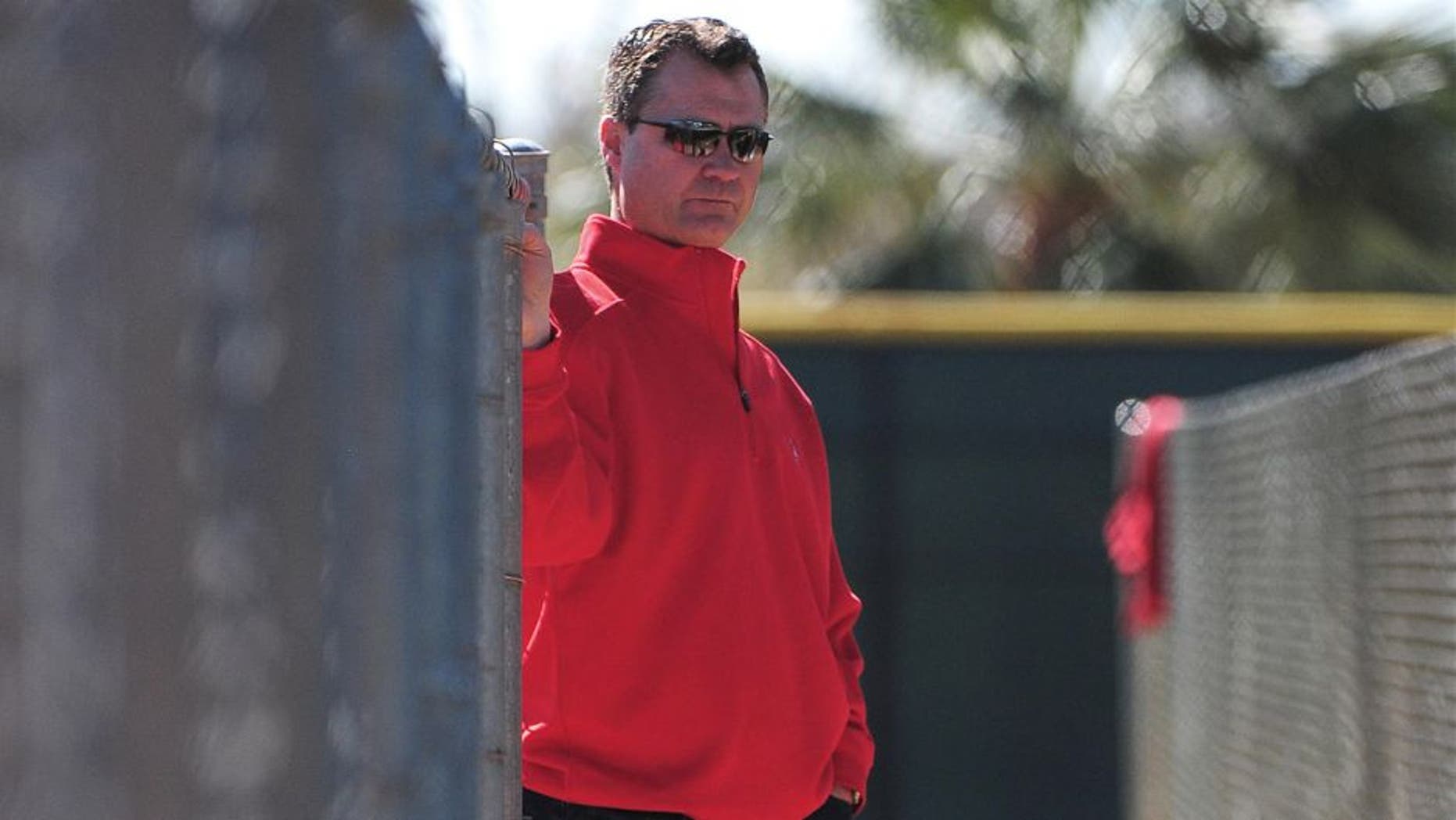 February 21, 2012; Tempe, AZ, USA; Los Angeles Angels assistant general manager Scott Servais watches during spring training at Tempe Diablo Stadium. Mandatory Credit: Kyle Terada-USA TODAY Sports