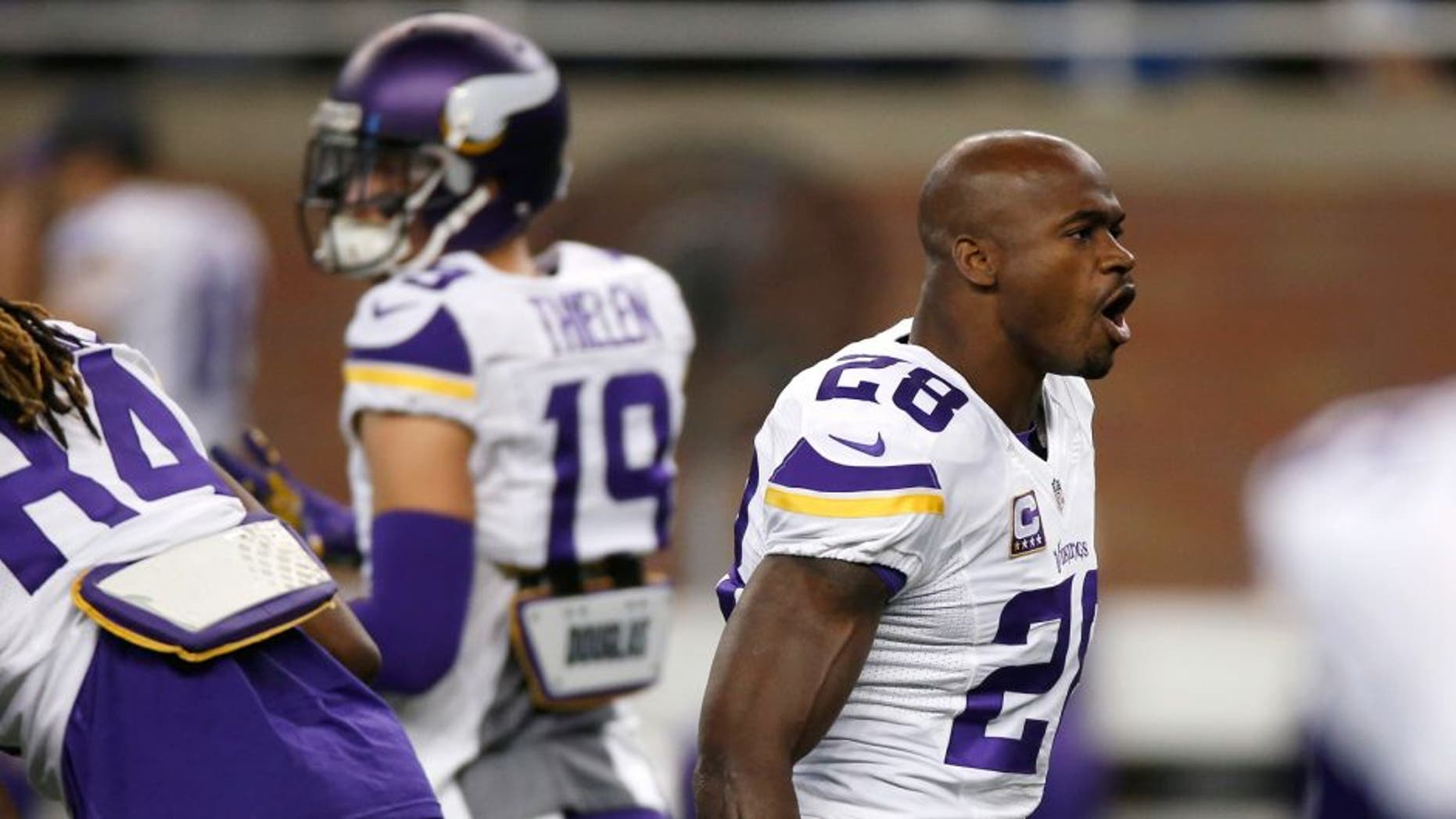 DETROIT, MI - OCTOBER 25: Adrian Peterson #28 of the Minnesota Vikings warms up prior to playing the Detroit Lions at Ford Field on October 25, 2015 in Detroit, Michigan. (Photo by Gregory Shamus/Getty Images)
