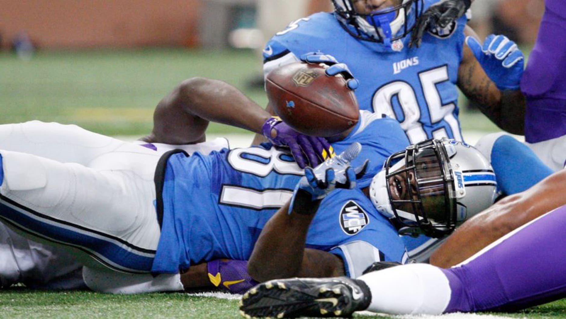 Oct 25, 2015; Detroit, MI, USA; Detroit Lions wide receiver Calvin Johnson (81) lays on the goal line during the fourth quarter against the Minnesota Vikings at Ford Field. Vikings win 28-19. Mandatory Credit: Raj Mehta-USA TODAY Sports
