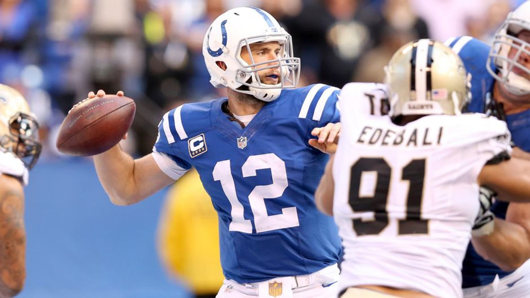 INDIANAPOLIS, IN - OCTOBER 25: Andrew Luck #12 of the Indianapolis Colts throws a pass during the game against the New Orleans Saints at Lucas Oil Stadium on October 25, 2015 in Indianapolis, Indiana. (Photo by Andy Lyons/Getty Images)
