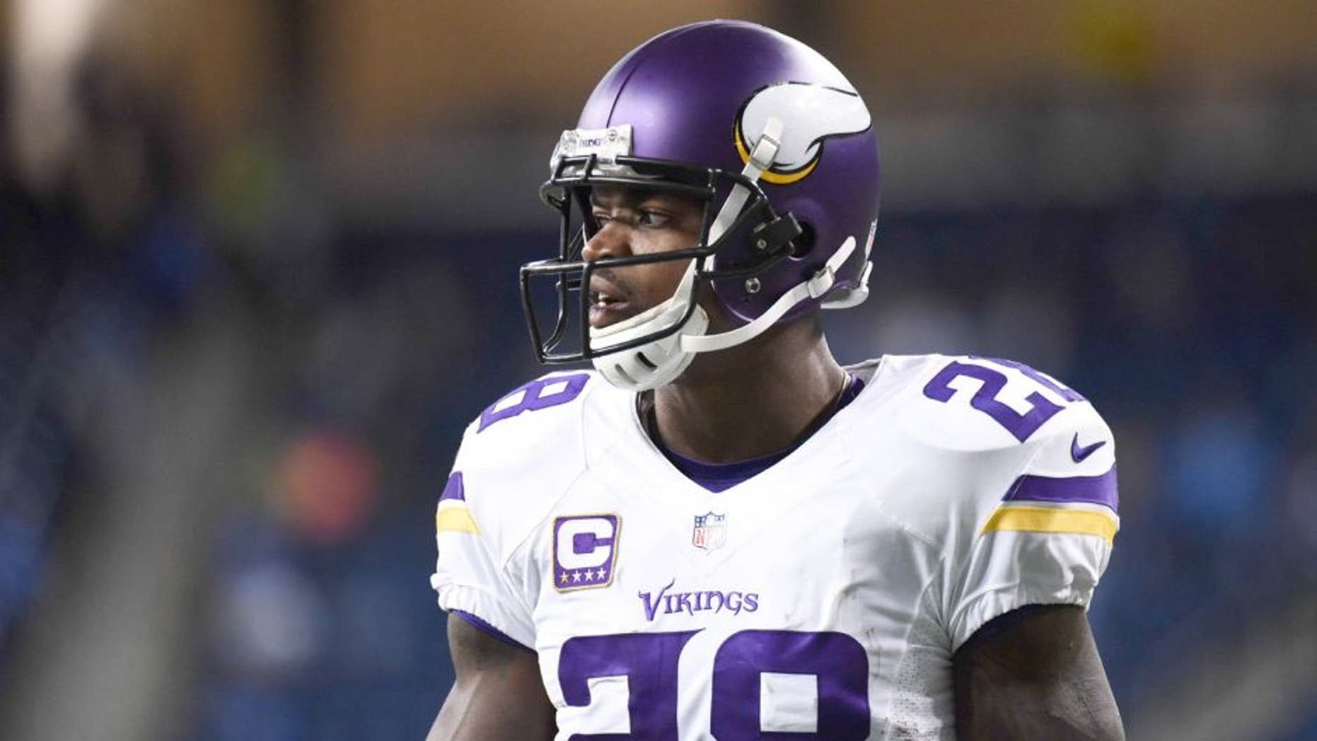 Oct 25, 2015; Detroit, MI, USA; Minnesota Vikings running back Adrian Peterson (28) before the game against the Detroit Lions at Ford Field. Mandatory Credit: Tim Fuller-USA TODAY Sports