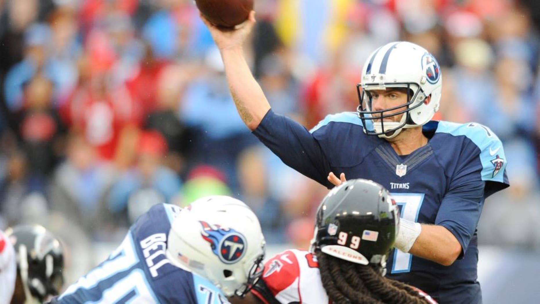 Oct 25, 2015; Nashville, TN, USA; Tennessee Titans quarterback Zach Mettenberger (7) passes the ball during the second half against the Atlanta Falcons at Nissan Stadium. The Falcons won 10-7. Mandatory Credit: Christopher Hanewinckel-USA TODAY Sports