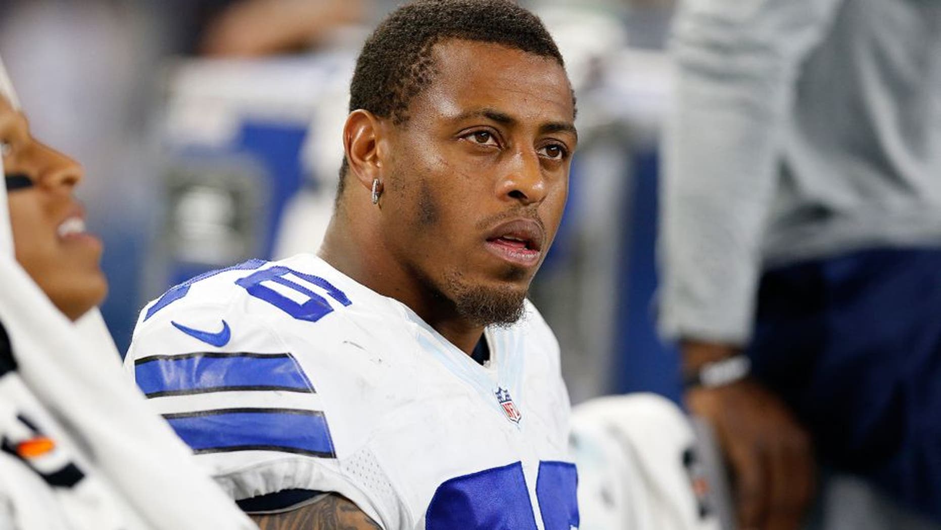 Aug 29, 2015; Arlington, TX, USA; Dallas Cowboys defensive end Greg Hardy (76) on the sidelines during the game against the Minnesota Vikings at AT&T Stadium. Mandatory Credit: Matthew Emmons-USA TODAY Sports