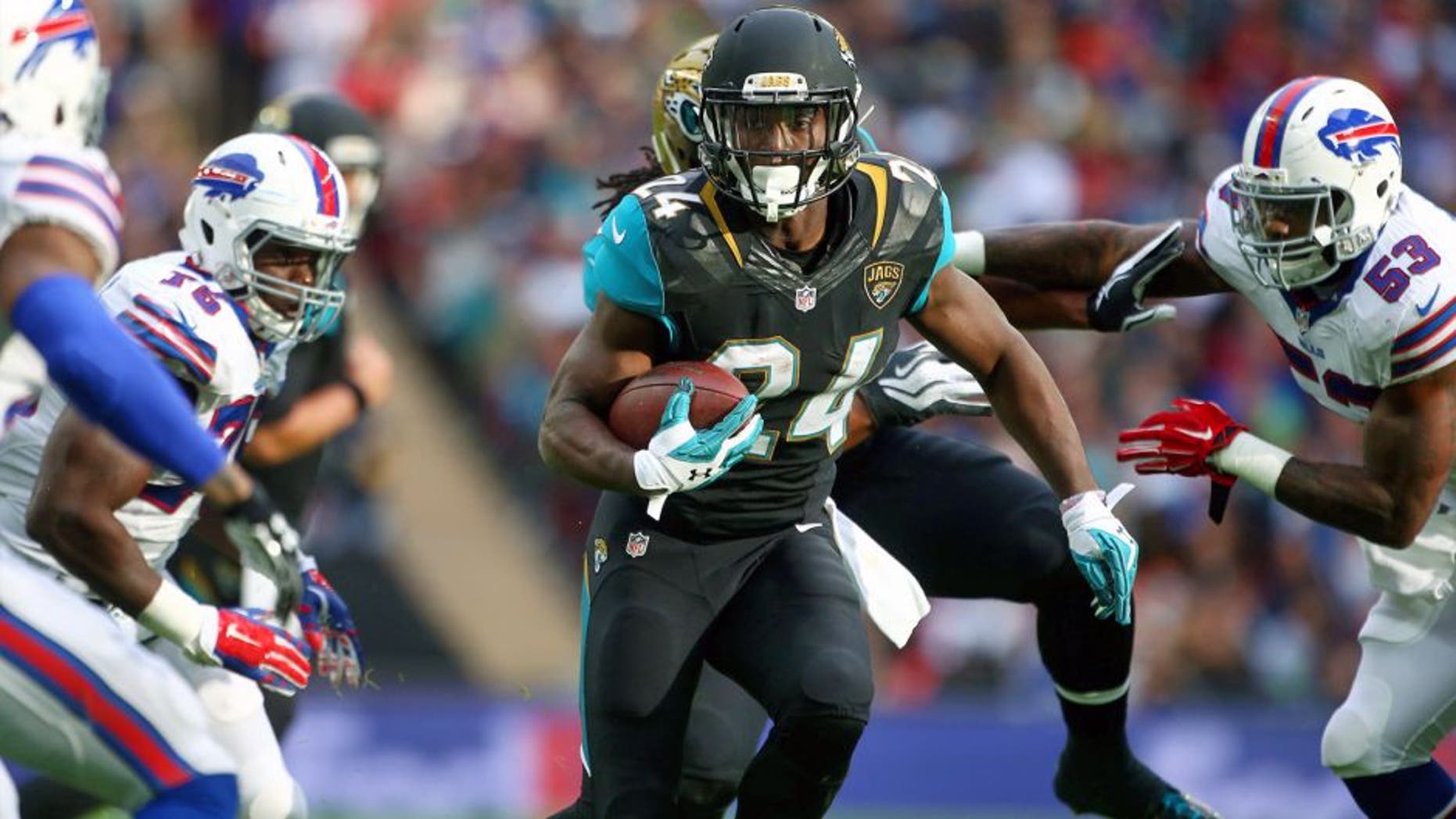 LONDON, ENGLAND - OCTOBER 25: TJ Yeldon #24 of Jacksonville Jaguars runs during the NFL match between Jacksonville Jaguars and Buffalo Bills at Wembley Stadium on October 25, 2015 in London, England. (Photo by Charlie Crowhurst/Getty Images)
