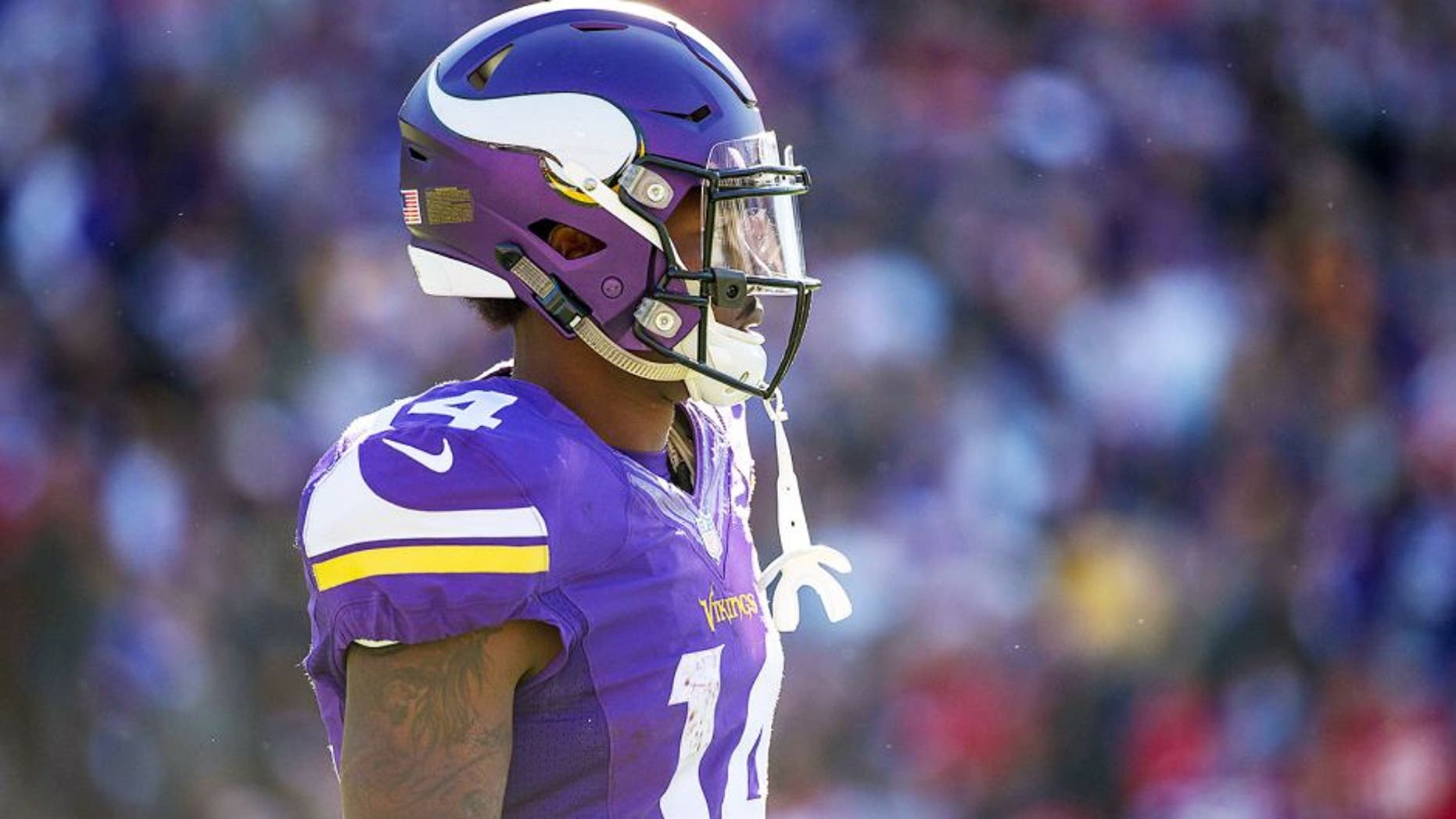 Oct 18, 2015; Minneapolis, MN, USA; Minnesota Vikings wide receiver Stefon Diggs (14) against the Kansas City Chiefs at TCF Bank Stadium. The Vikings defeated the Chiefs 16-10. Mandatory Credit: Brace Hemmelgarn-USA TODAY Sports