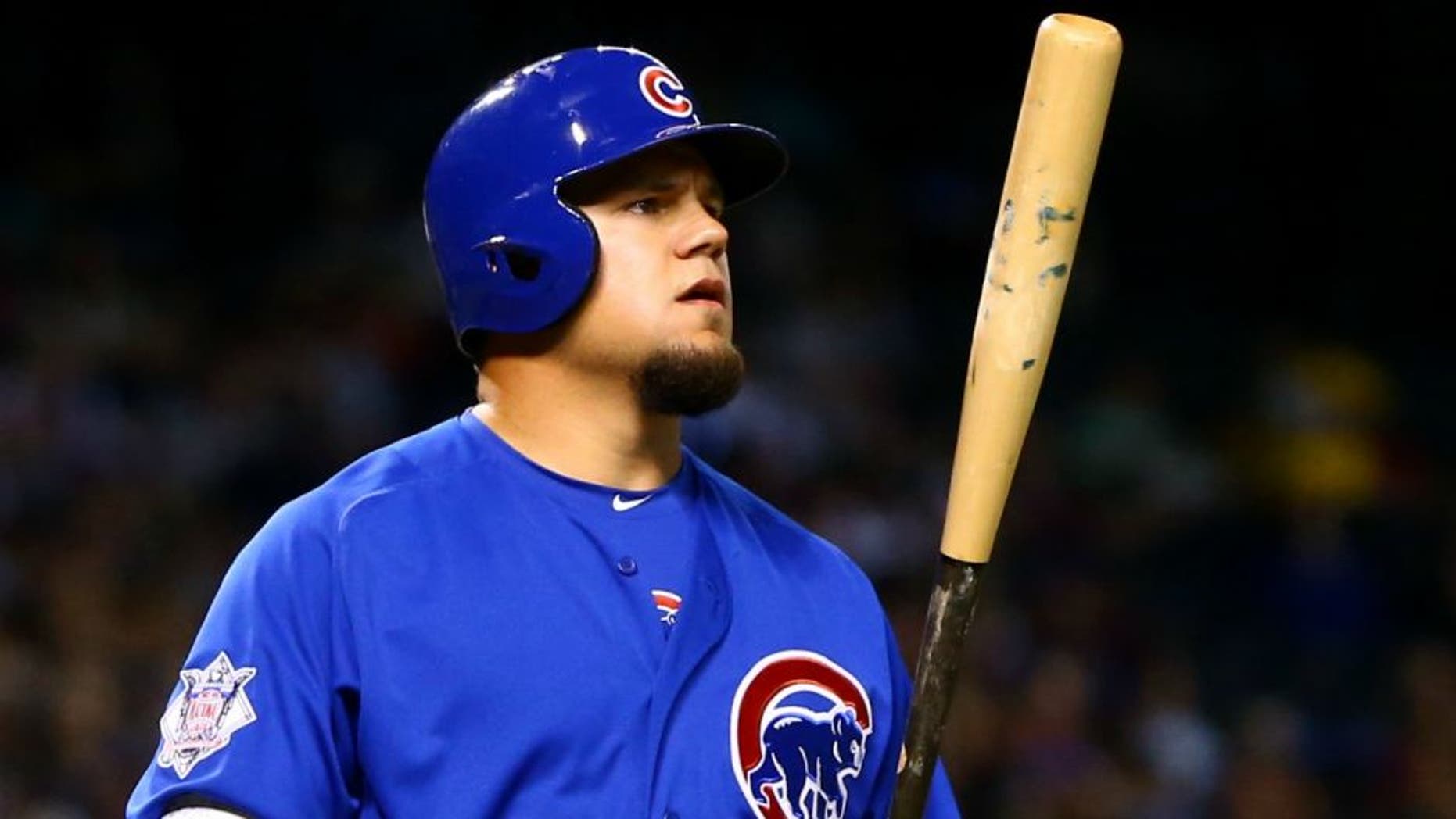 Apr 7, 2016; Phoenix, AZ, USA; Chicago Cubs outfielder Kyle Schwarber against the Arizona Diamondbacks at Chase Field. Mandatory Credit: Mark J. Rebilas-USA TODAY Sports