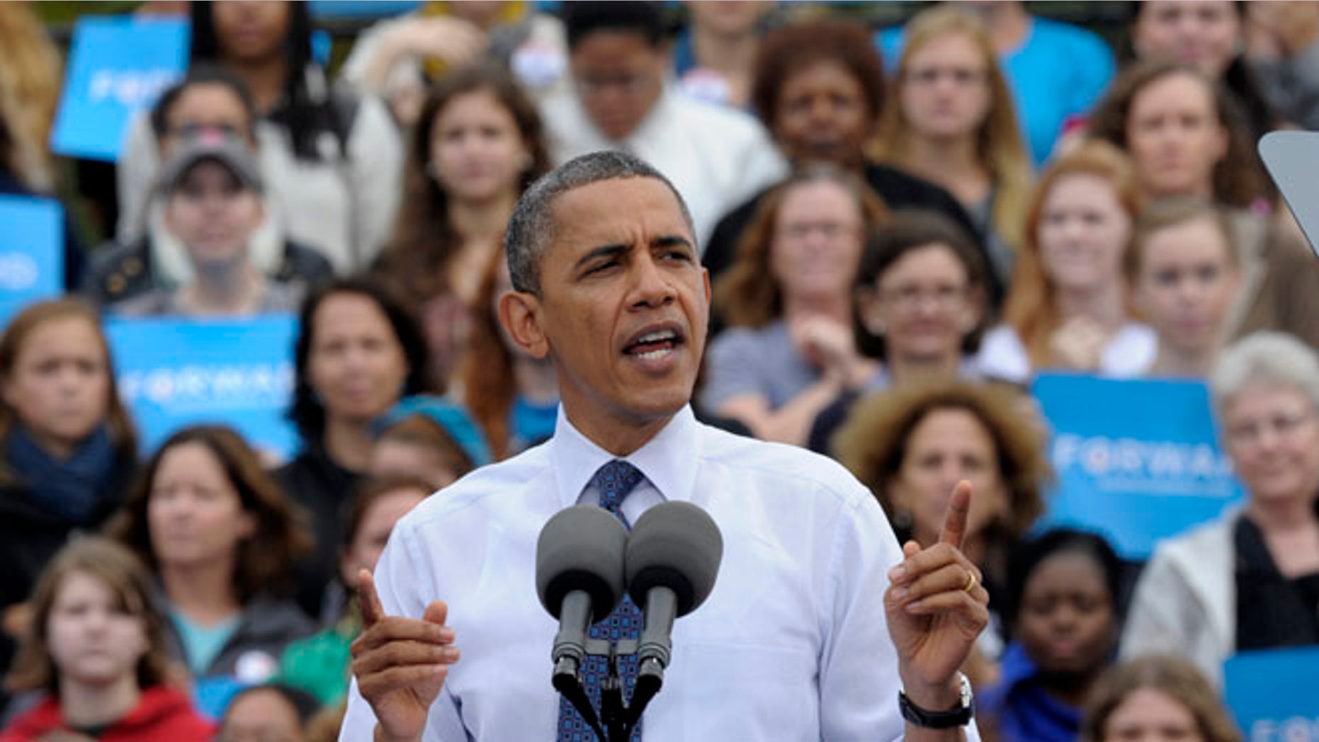 Oct. 19, 2012: President Barack Obama speaks about choice facing women in the election during a campaign event at George Mason University in Fairfax, Va.