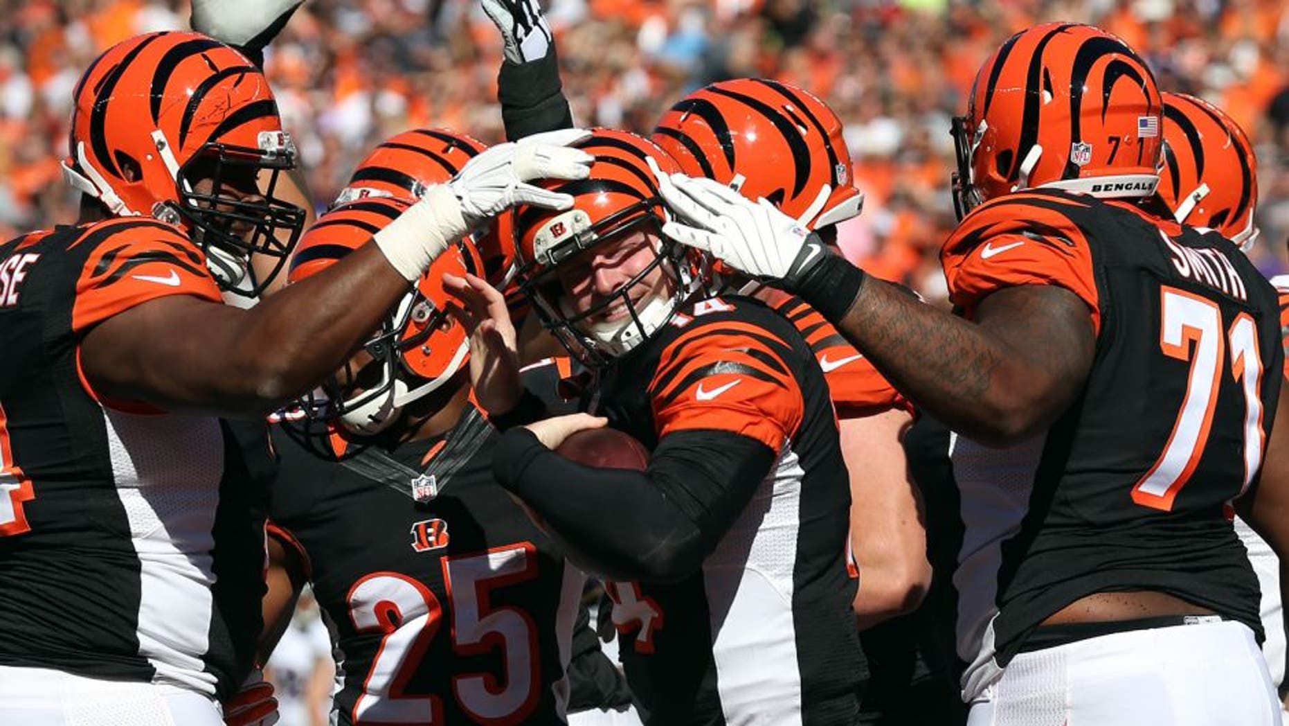 Cincinnati Bengals quarterback Andy Dalton, center, is congratulated by teammates Marshall Newhouse, left, and Andre Smith after scoring a touchdown against the Baltimore Ravens during the first half of an NFL football game in Cincinnati, Sunday, Oct. 26, 2014. (AP Photo/Michael Conroy)